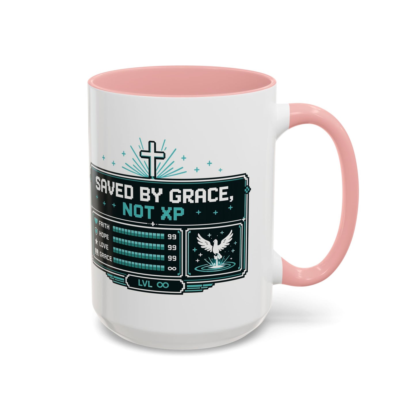 Christian Coffee Mug — "Saved by Grace, Not XP" Gamer Faith Accent Mug