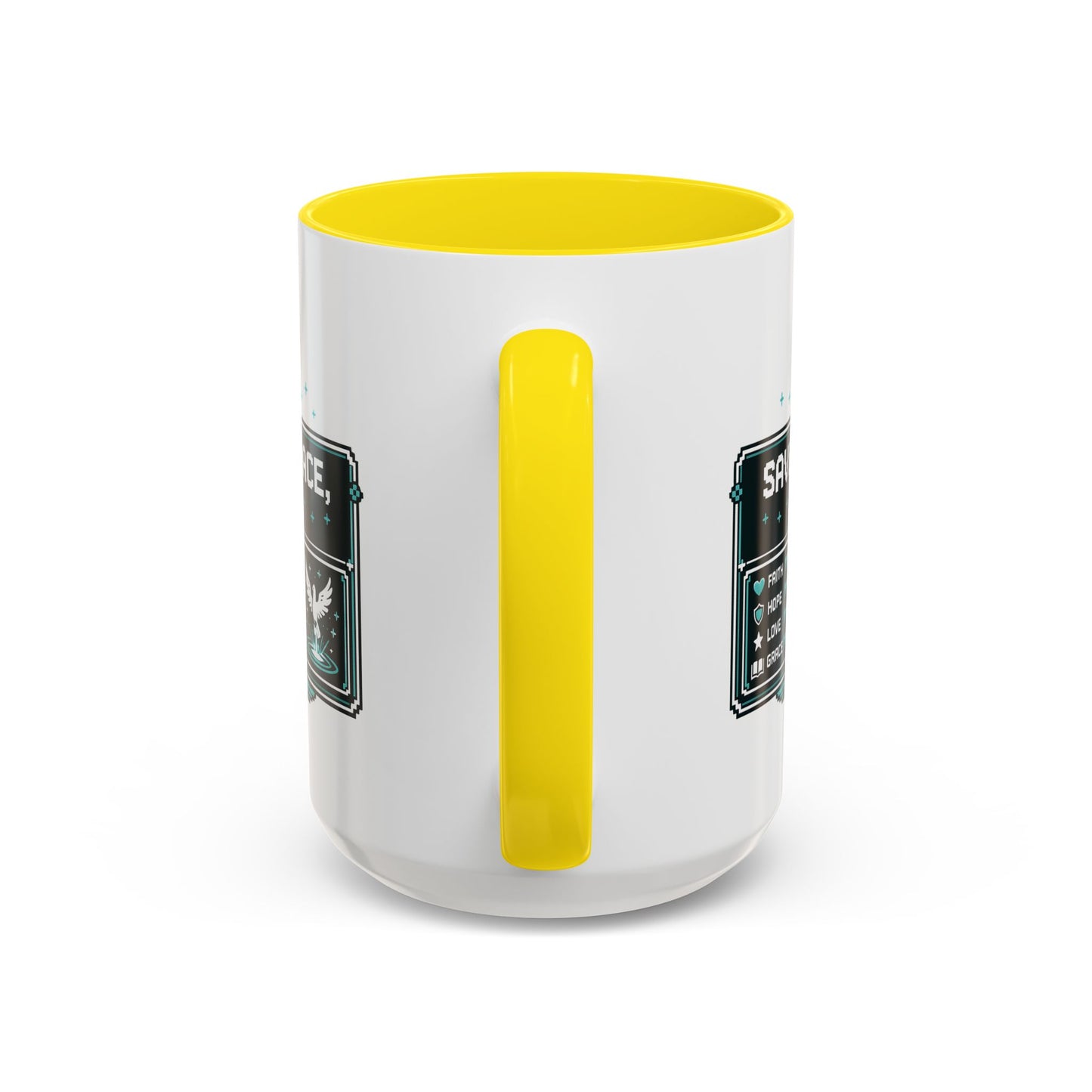 Christian Coffee Mug — "Saved by Grace, Not XP" Gamer Faith Accent Mug
