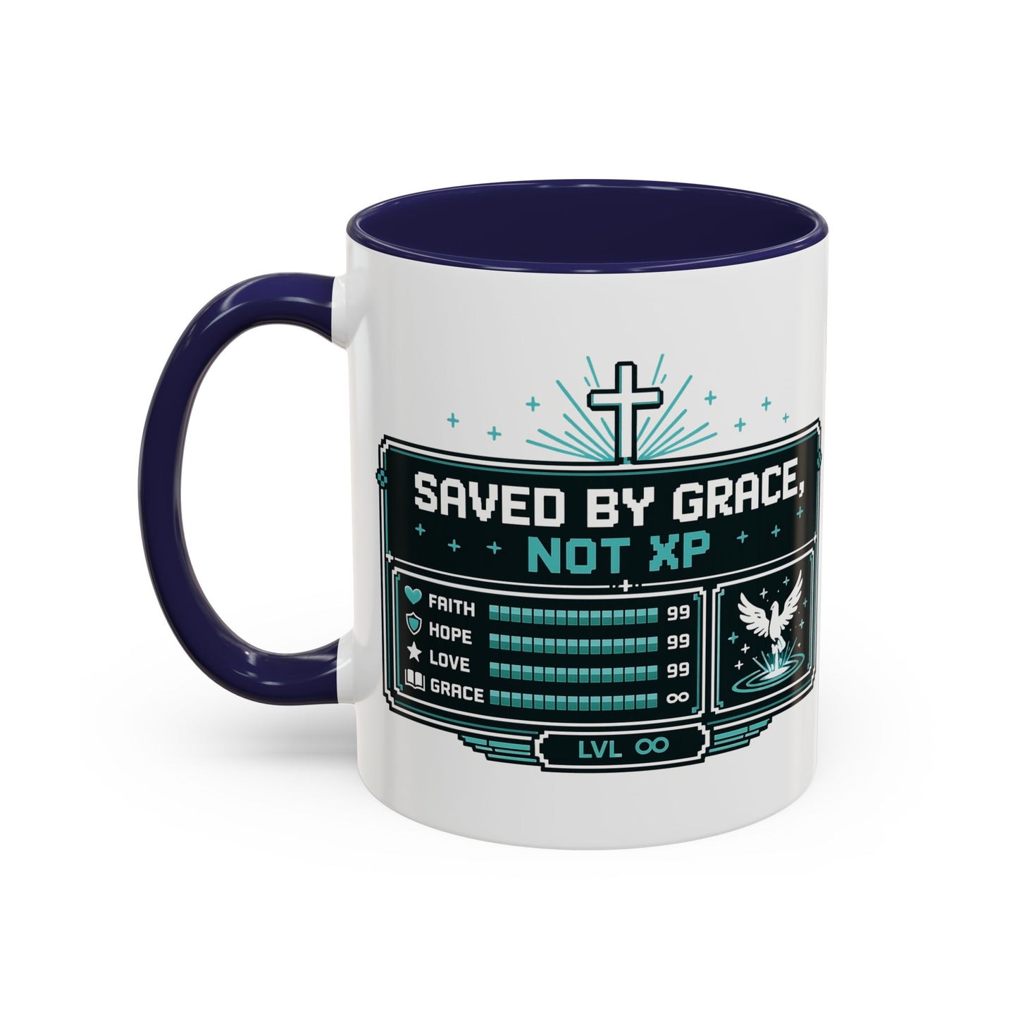Christian Coffee Mug — "Saved by Grace, Not XP" Gamer Faith Accent Mug
