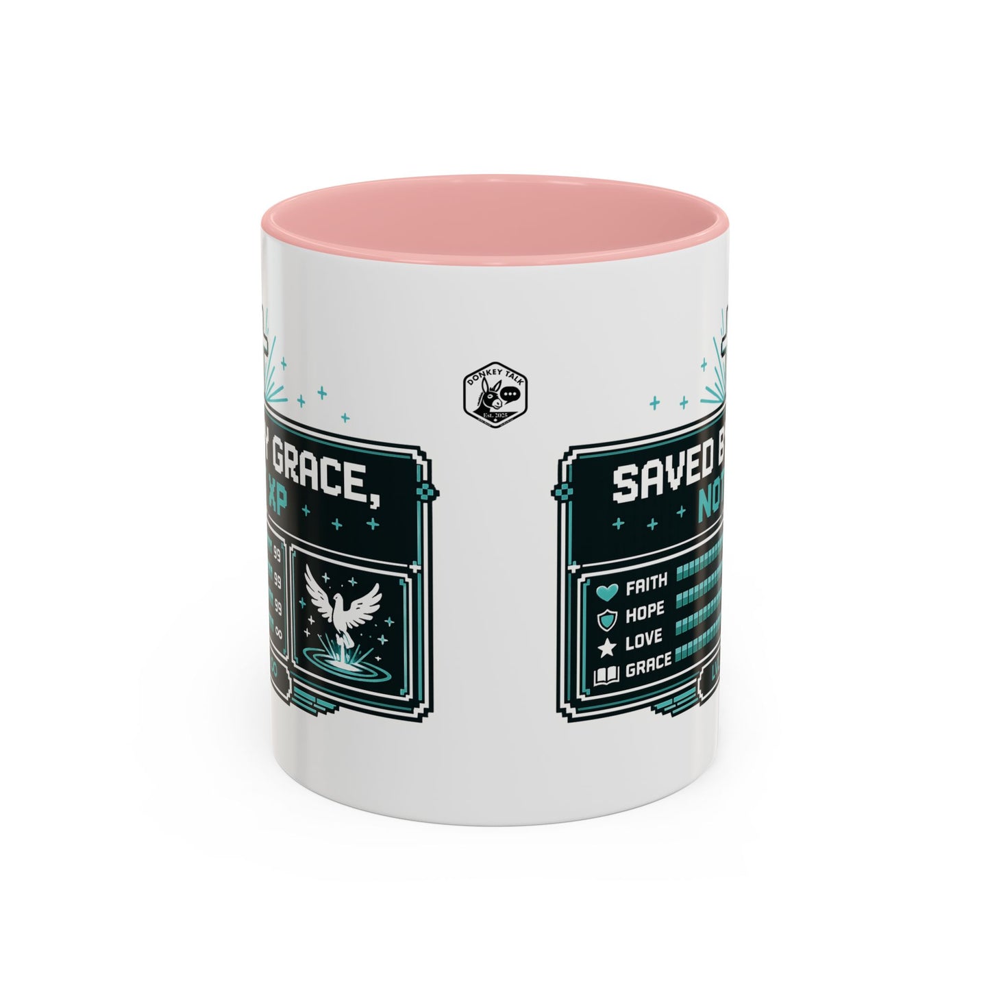 Christian Coffee Mug — "Saved by Grace, Not XP" Gamer Faith Accent Mug