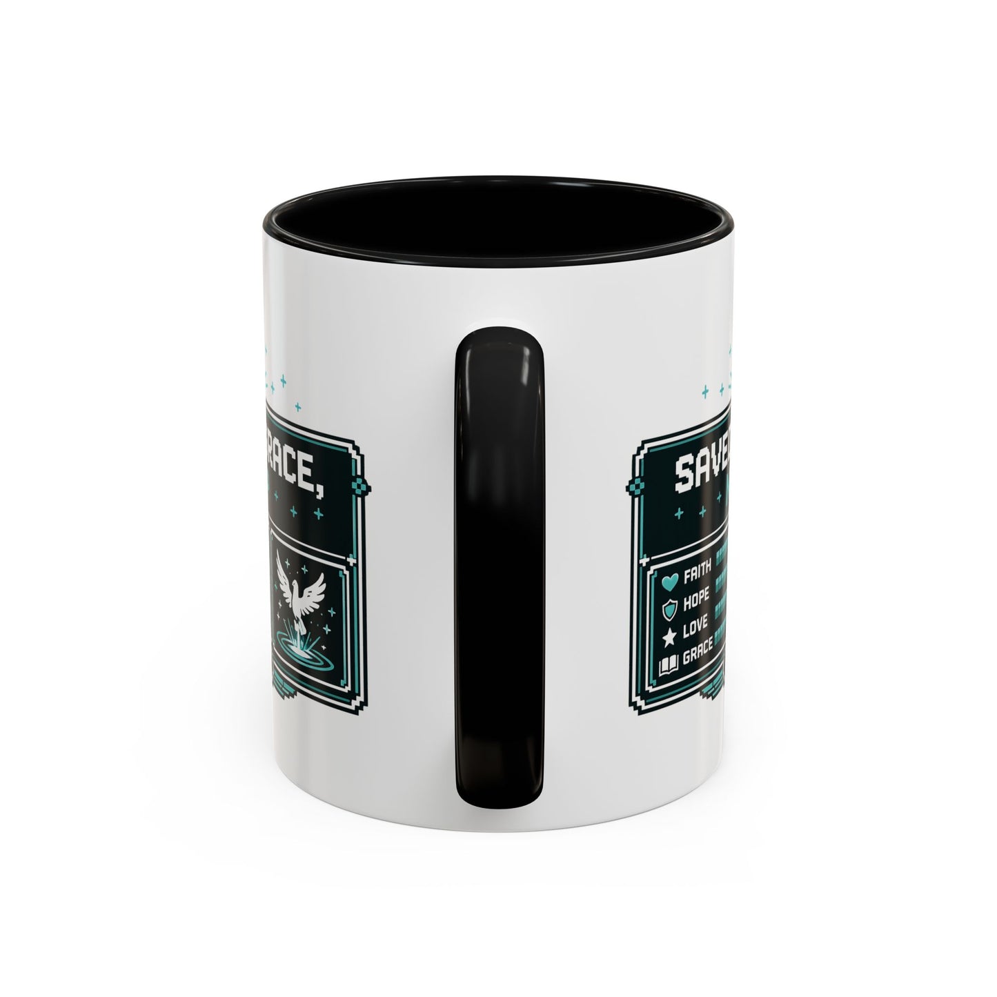 Christian Coffee Mug — "Saved by Grace, Not XP" Gamer Faith Accent Mug