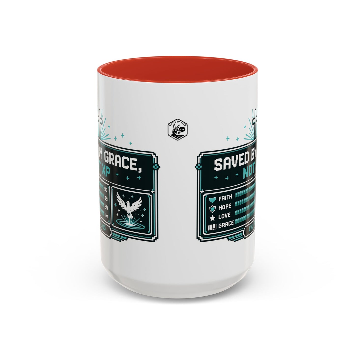 Christian Coffee Mug — "Saved by Grace, Not XP" Gamer Faith Accent Mug
