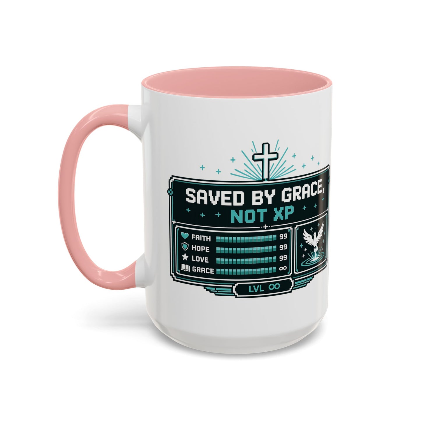 Christian Coffee Mug — "Saved by Grace, Not XP" Gamer Faith Accent Mug