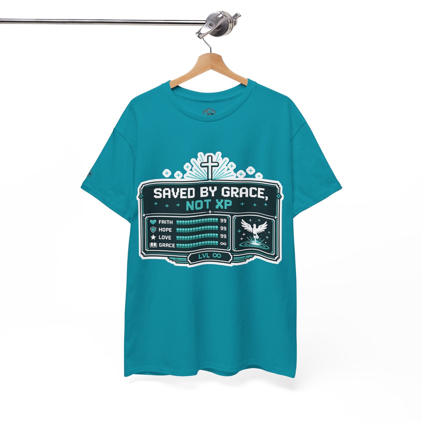 Christian Gamer Tee — "Saved by Grace, Not XP" Graphic T-Shirt