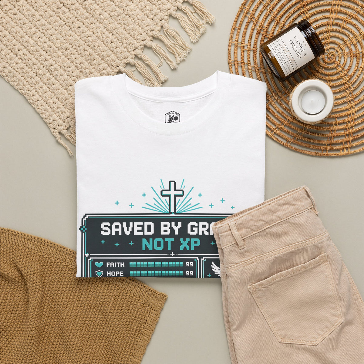 Saved by Grace, Not XP — Christian Gamer T-Shirt for Faith-Filled Gamers