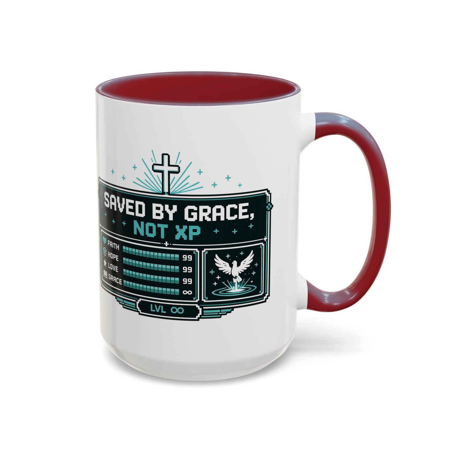 Christian Coffee Mug — "Saved by Grace, Not XP" Gamer Faith Accent Mug