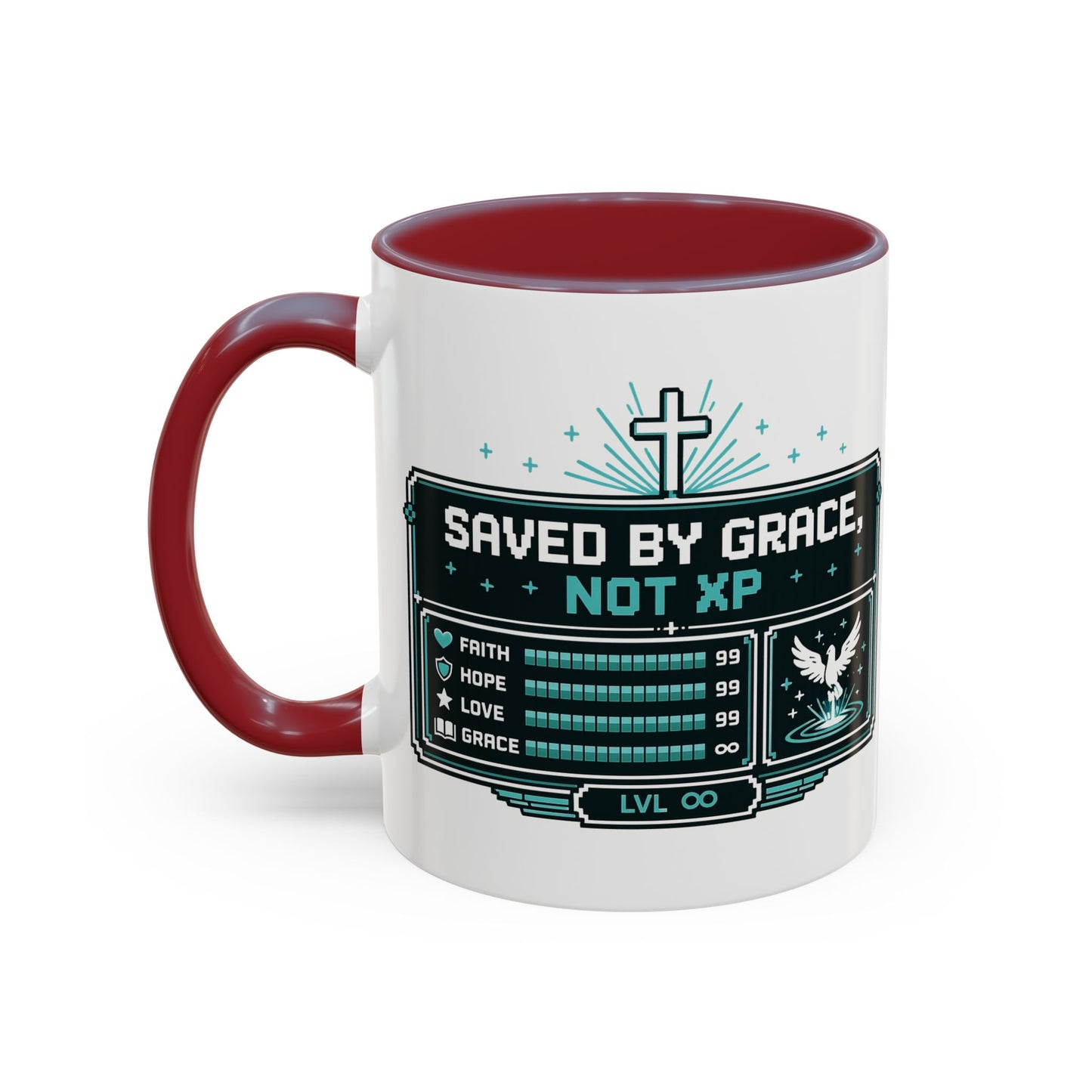 Christian Coffee Mug — "Saved by Grace, Not XP" Gamer Faith Accent Mug