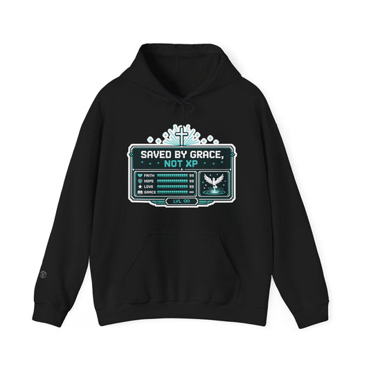 Christian Gamer Hoodie - "Saved by Grace, Not XP" Faith & Gaming Pullover