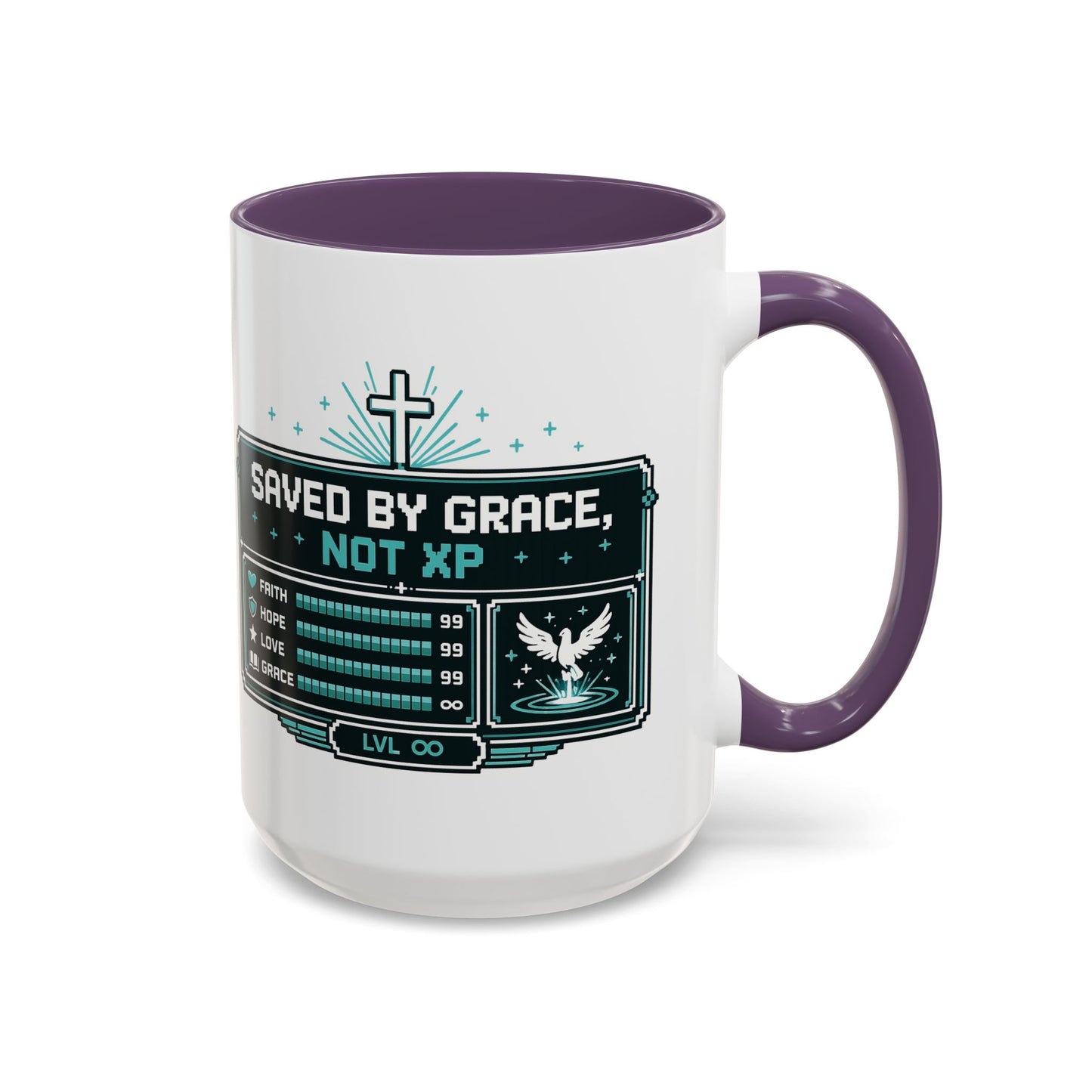 Christian Coffee Mug — "Saved by Grace, Not XP" Gamer Faith Accent Mug