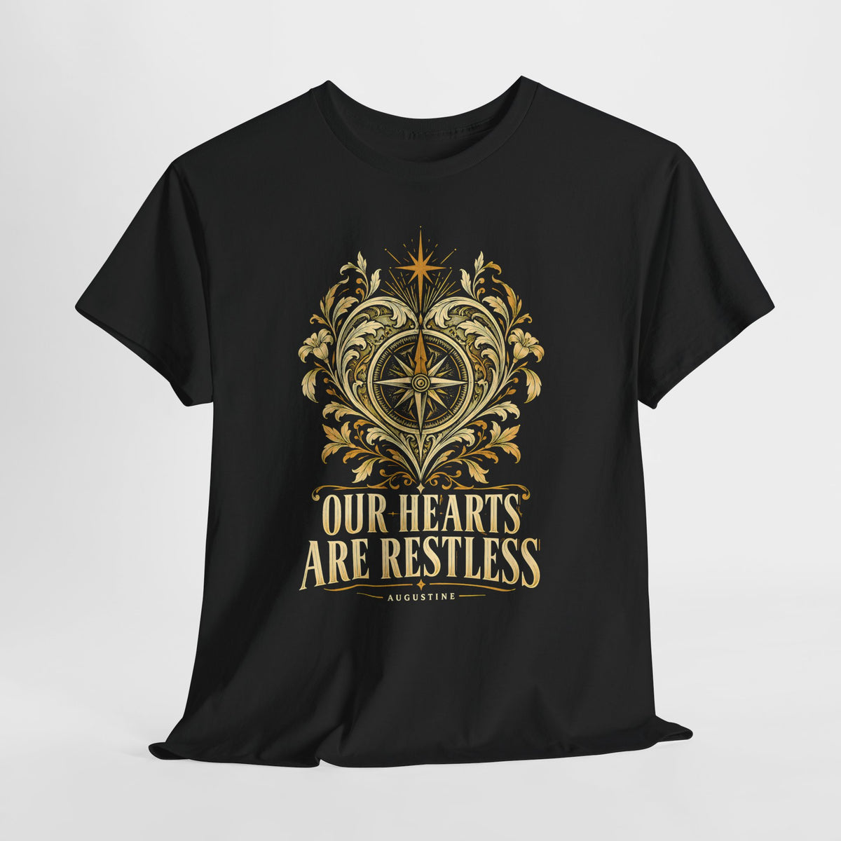 Our Hearts Are Restless Gold Compass Heart T-shirt – Donkey Talk graphic tee