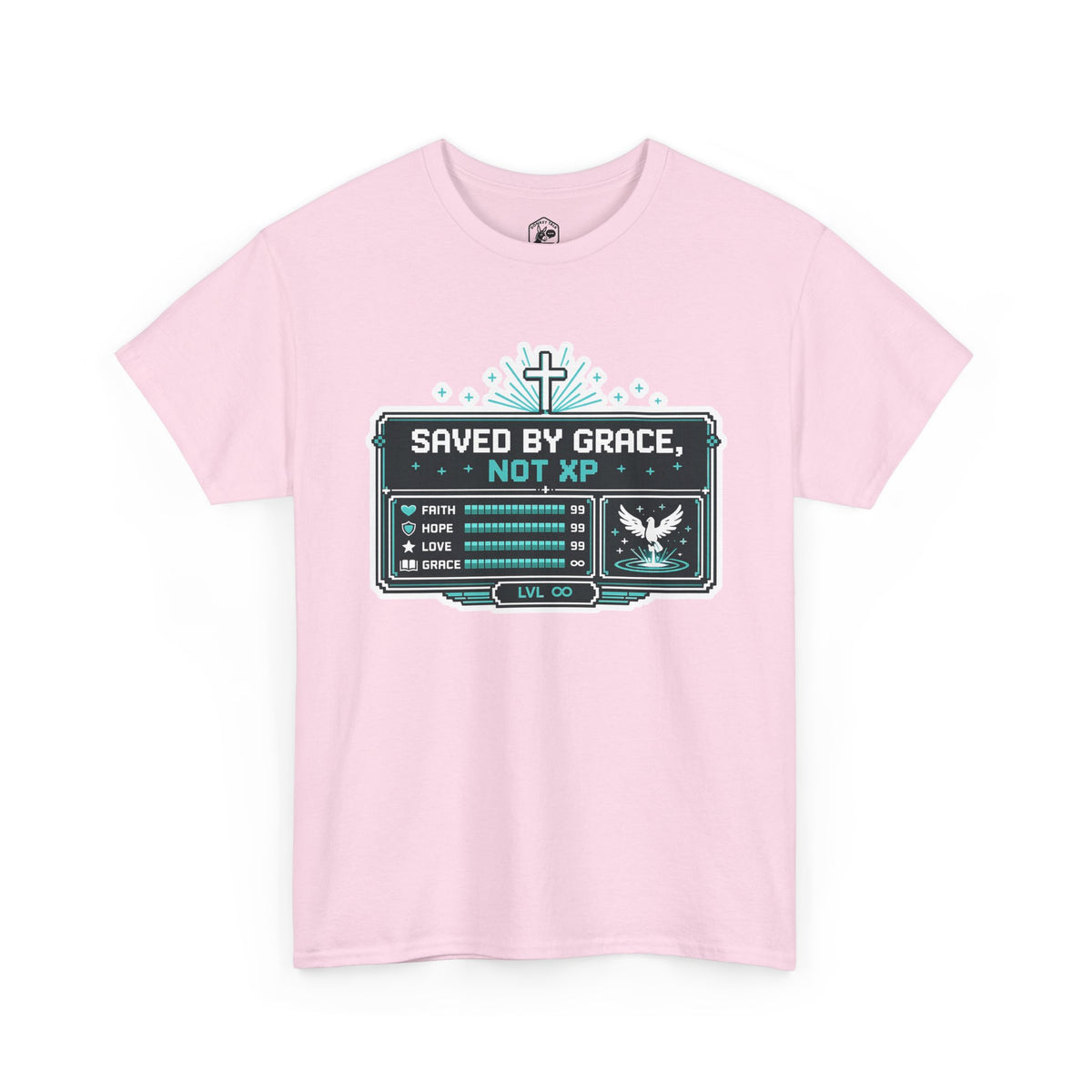 Saved by Grace, Not XP — Christian Gamer T-Shirt for Faith-Filled Gamers