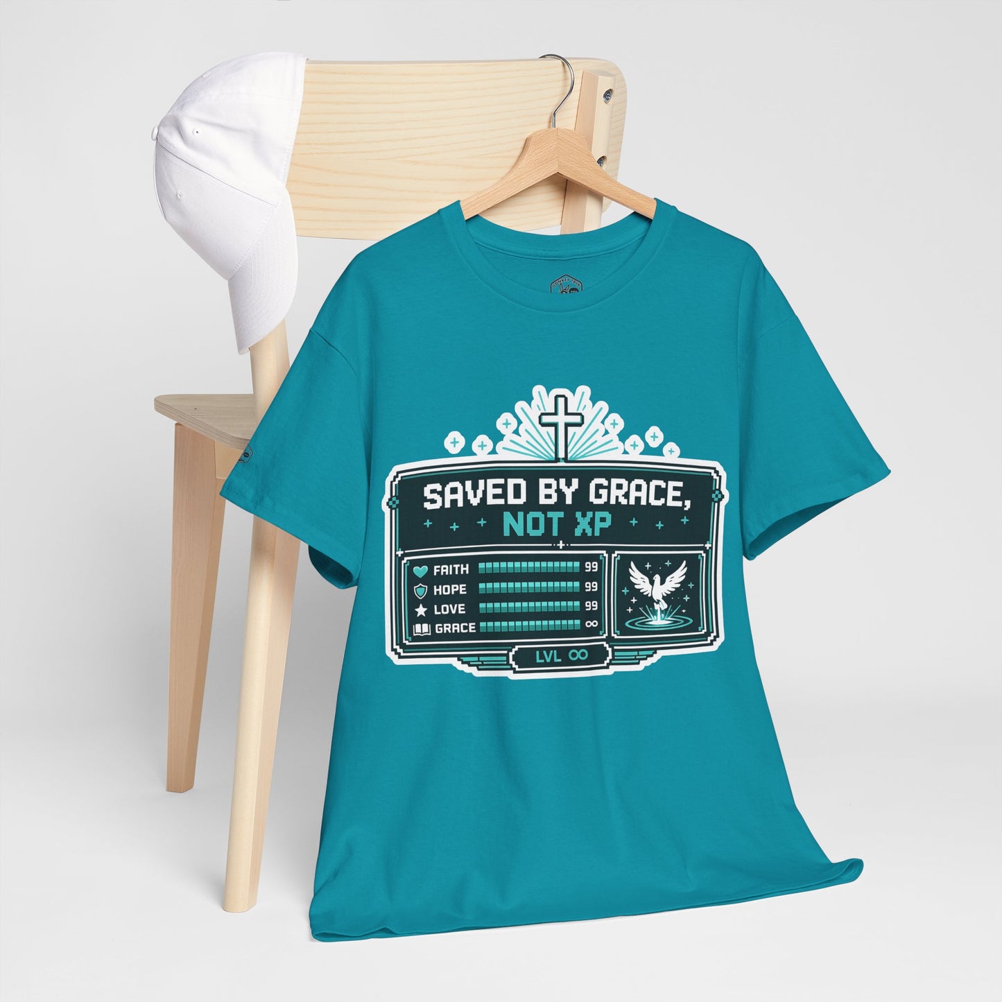 Christian Gamer Tee — "Saved by Grace, Not XP" Graphic T-Shirt
