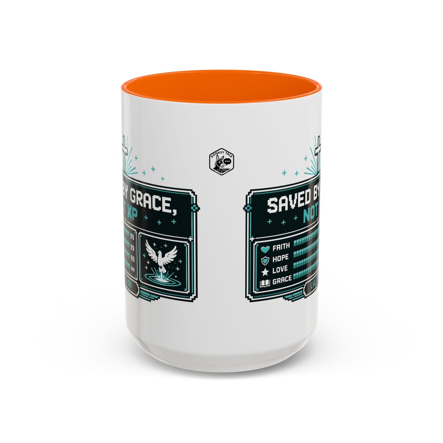 Christian Coffee Mug — "Saved by Grace, Not XP" Gamer Faith Accent Mug