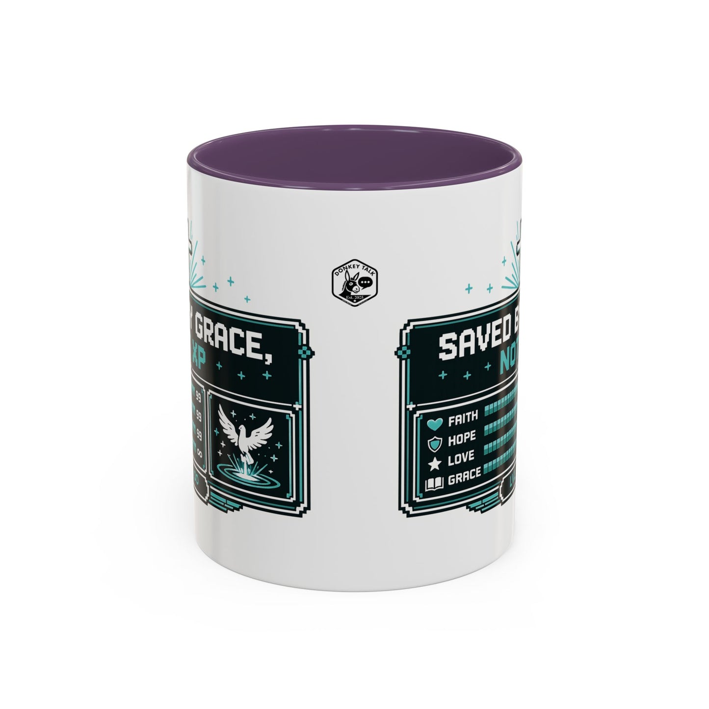Christian Coffee Mug — "Saved by Grace, Not XP" Gamer Faith Accent Mug