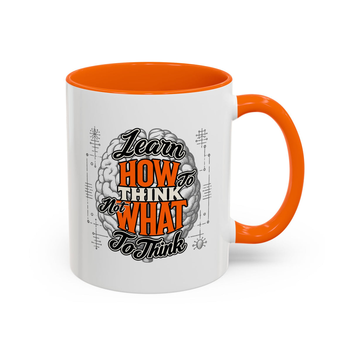 Taza de café con acento: "Aprende a pensar, no qué pensar", taza con frase inspiradora