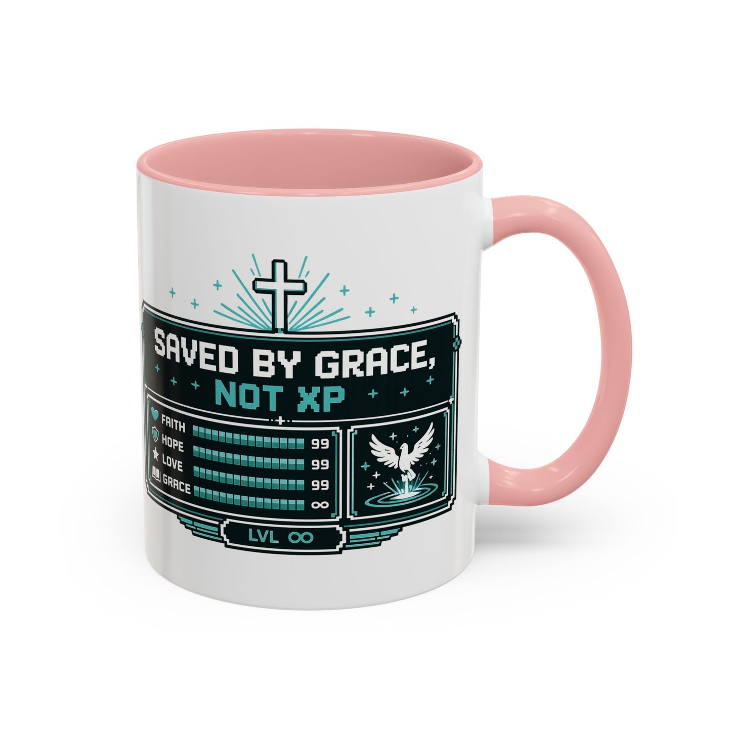 Christian Coffee Mug — "Saved by Grace, Not XP" Gamer Faith Accent Mug