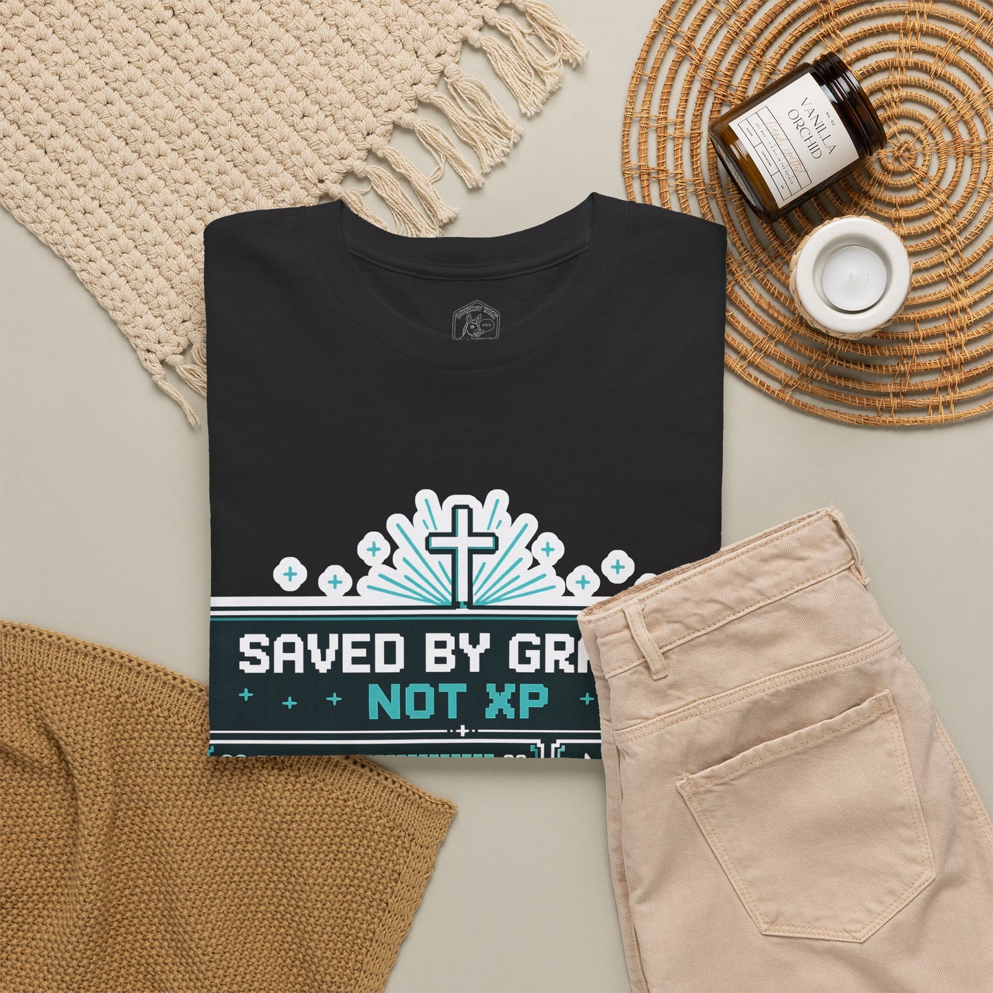 Christian Gamer Tee — "Saved by Grace, Not XP" Graphic T-Shirt