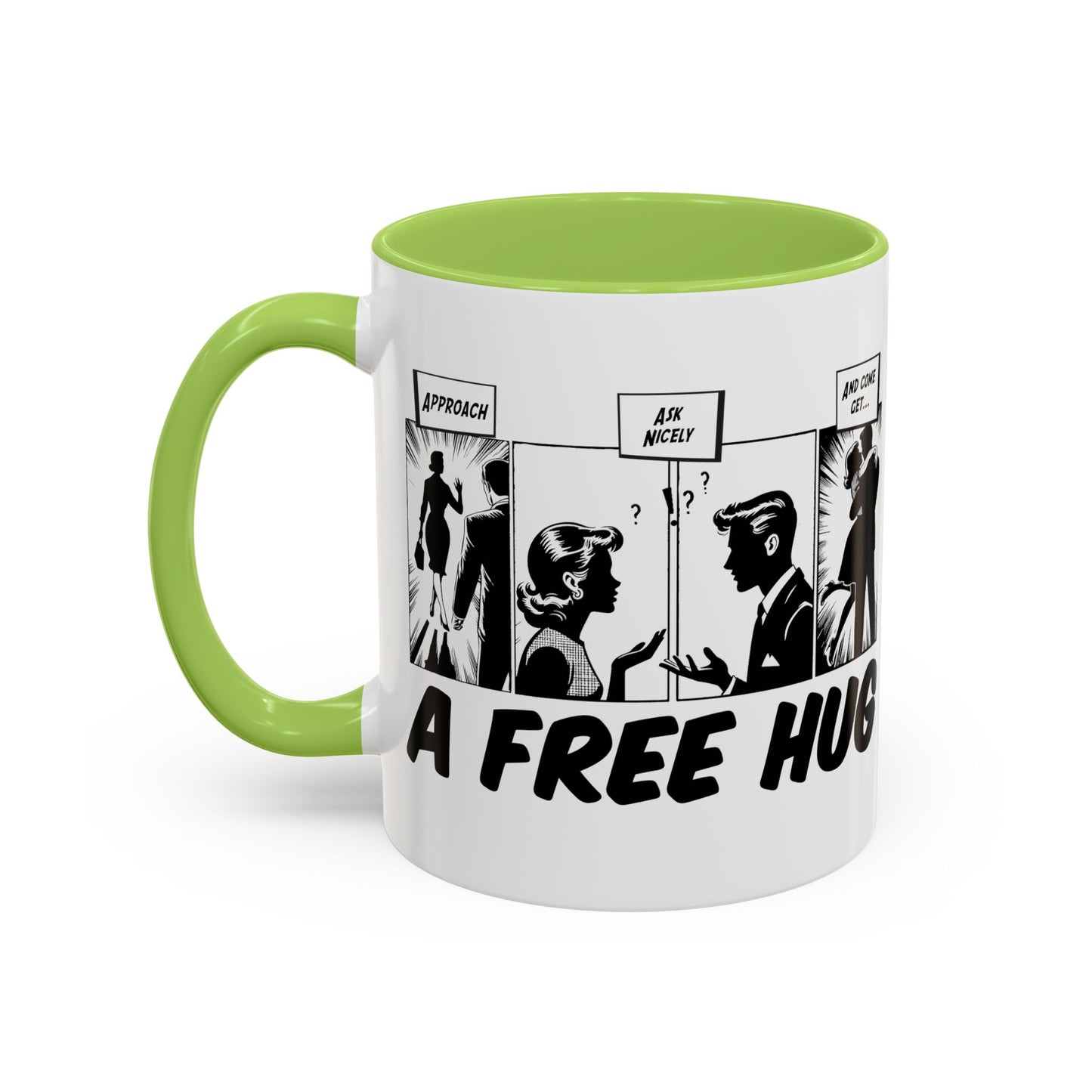 Free Hug Day Accent Coffee Mug – Funny Black & White Comic Speech Bubble Design (11/15 oz)