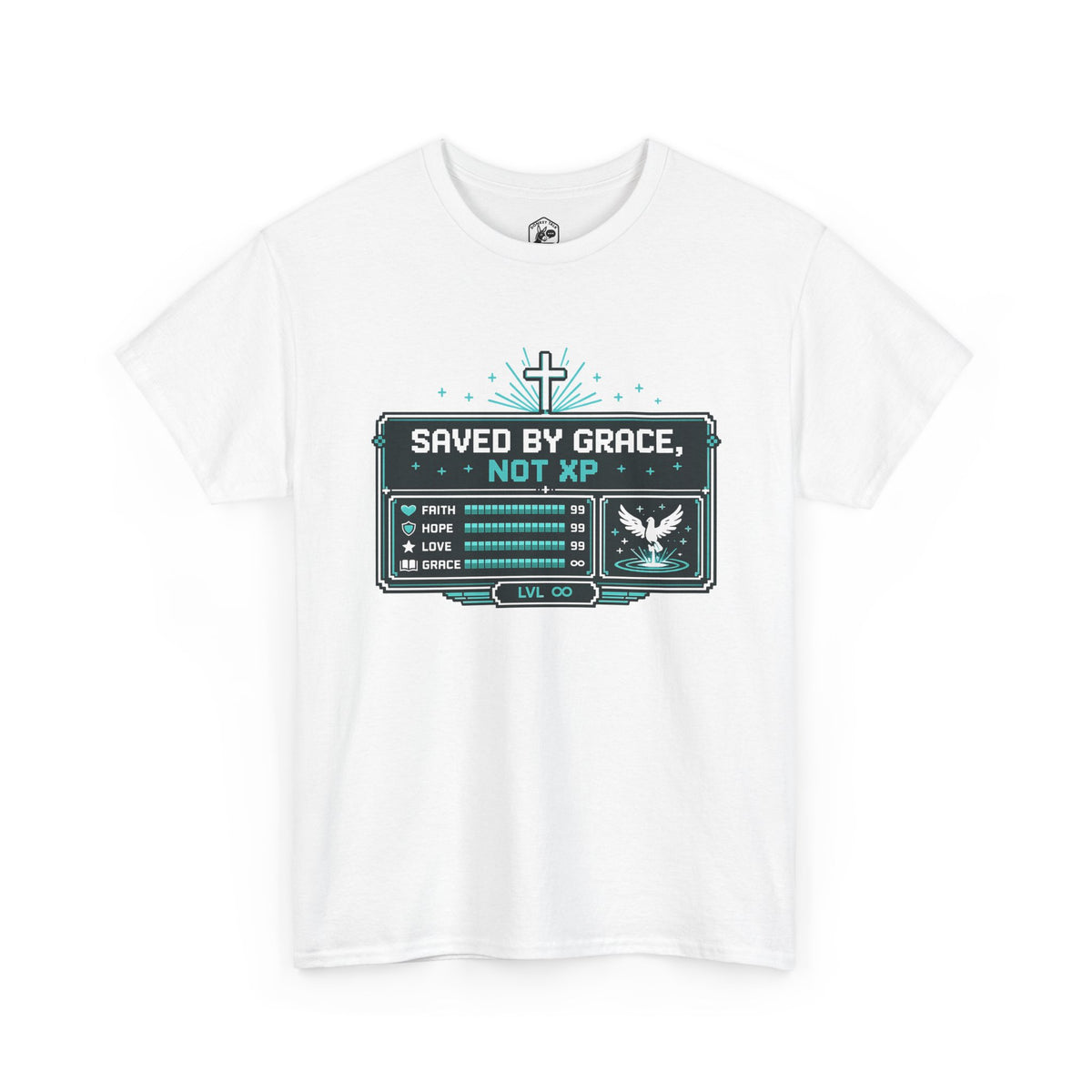 Saved by Grace, Not XP — Christian Gamer T-Shirt for Faith-Filled Gamers