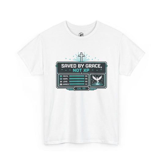 Christian Gamer Tee | 'Saved by Grace, Not XP' Graphic T-Shirt