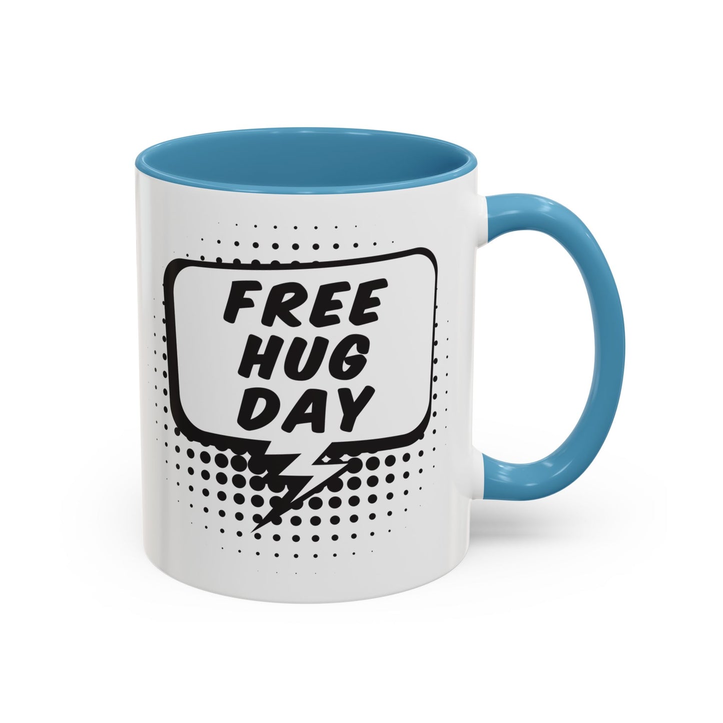 Free Hug Day Accent Coffee Mug – Funny Black & White Comic Speech Bubble Design (11/15 oz)
