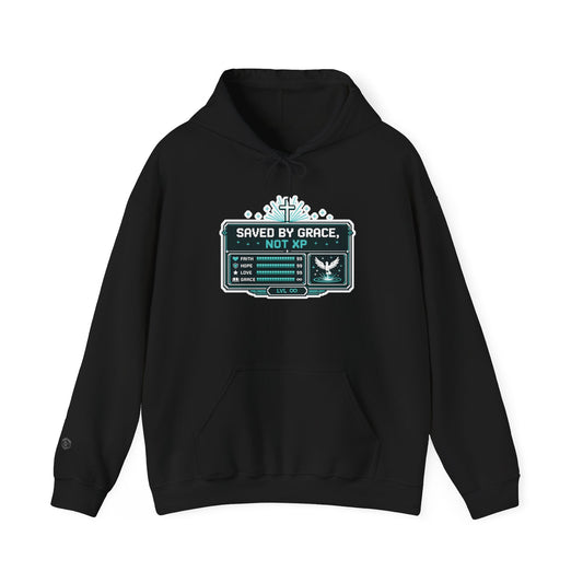 Christian Gamer Hoodie - "Saved by Grace, Not XP" Faith & Gaming Pullover