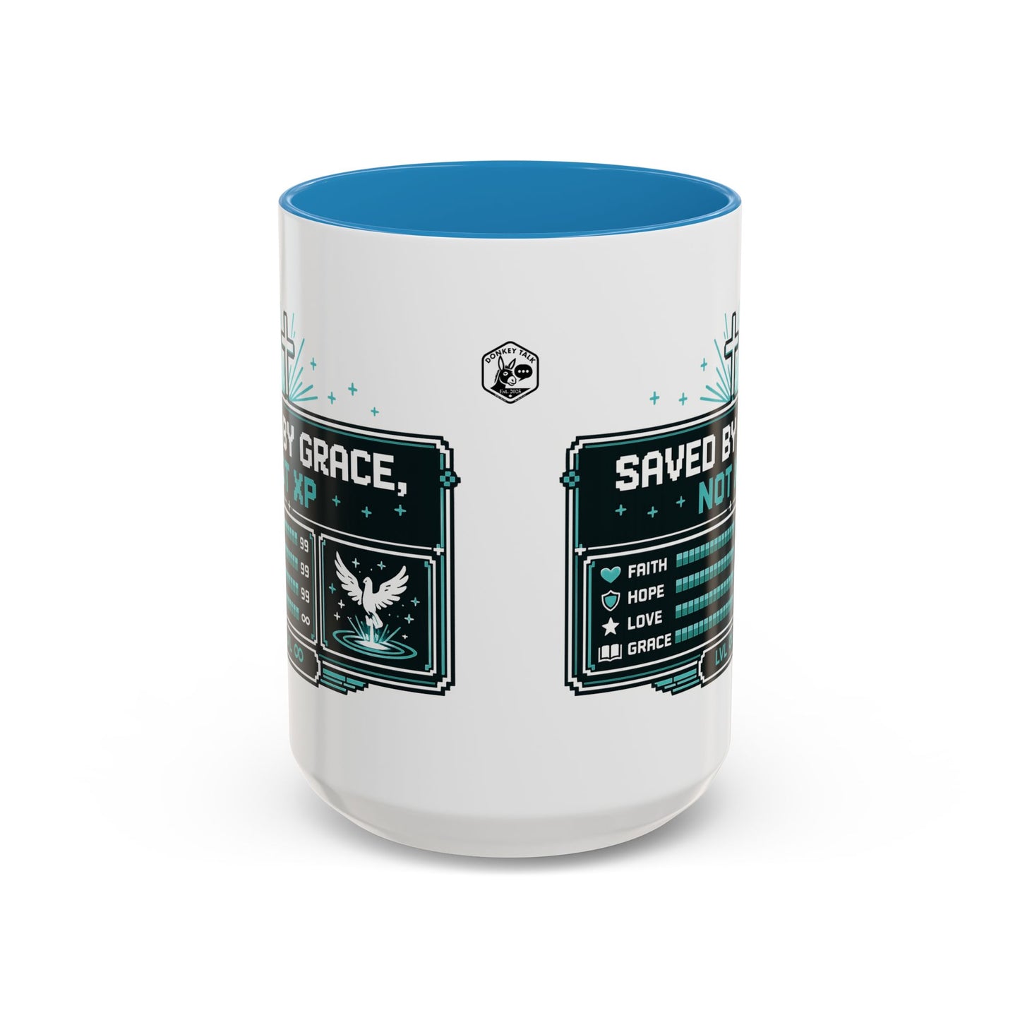 Christian Coffee Mug — "Saved by Grace, Not XP" Gamer Faith Accent Mug