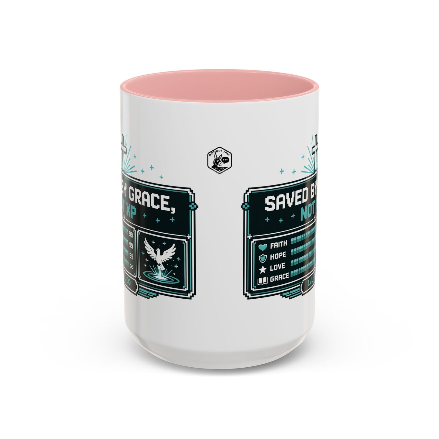 Christian Coffee Mug — "Saved by Grace, Not XP" Gamer Faith Accent Mug