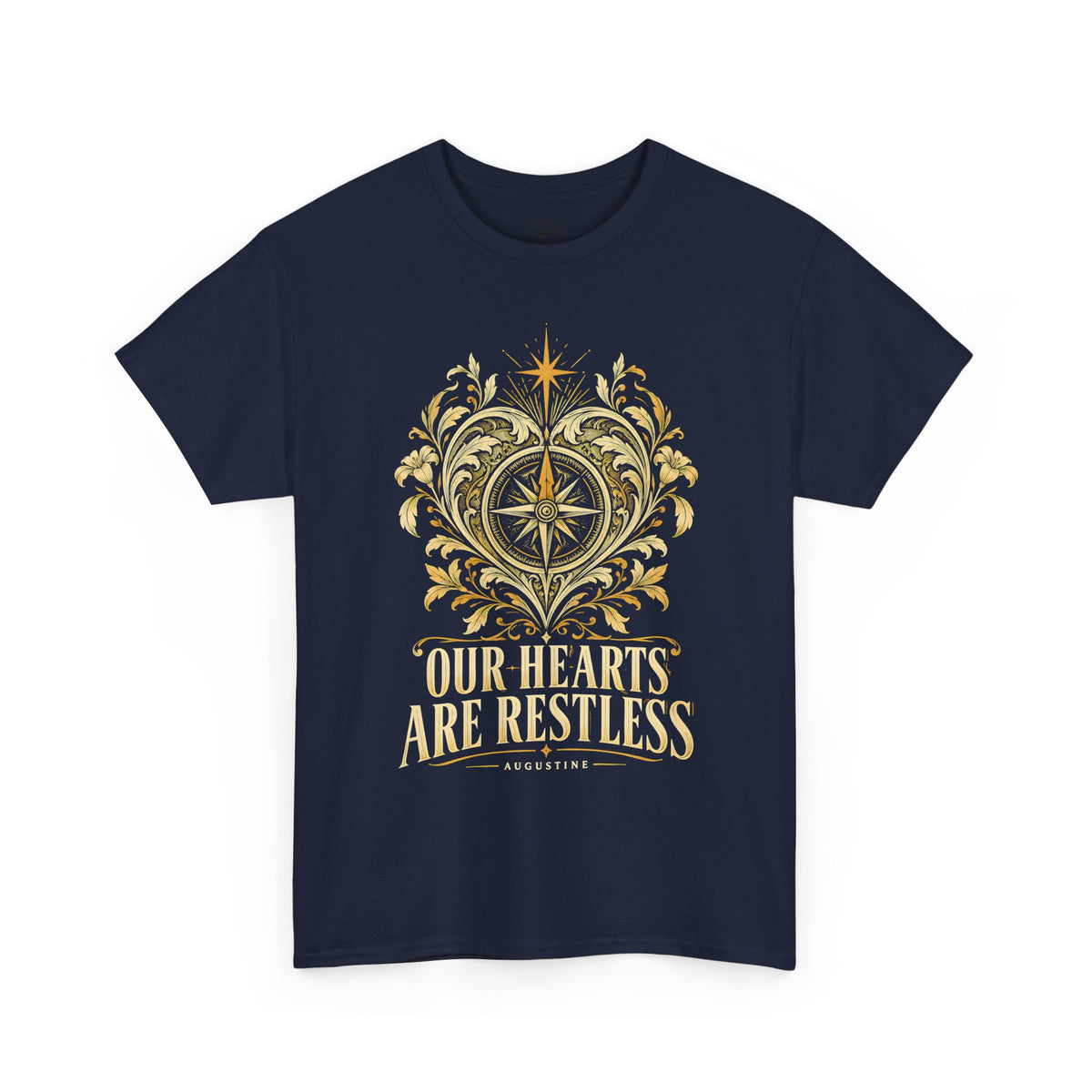 Our Hearts Are Restless Gold Compass Heart T-Shirt | Augustine Christian Tee