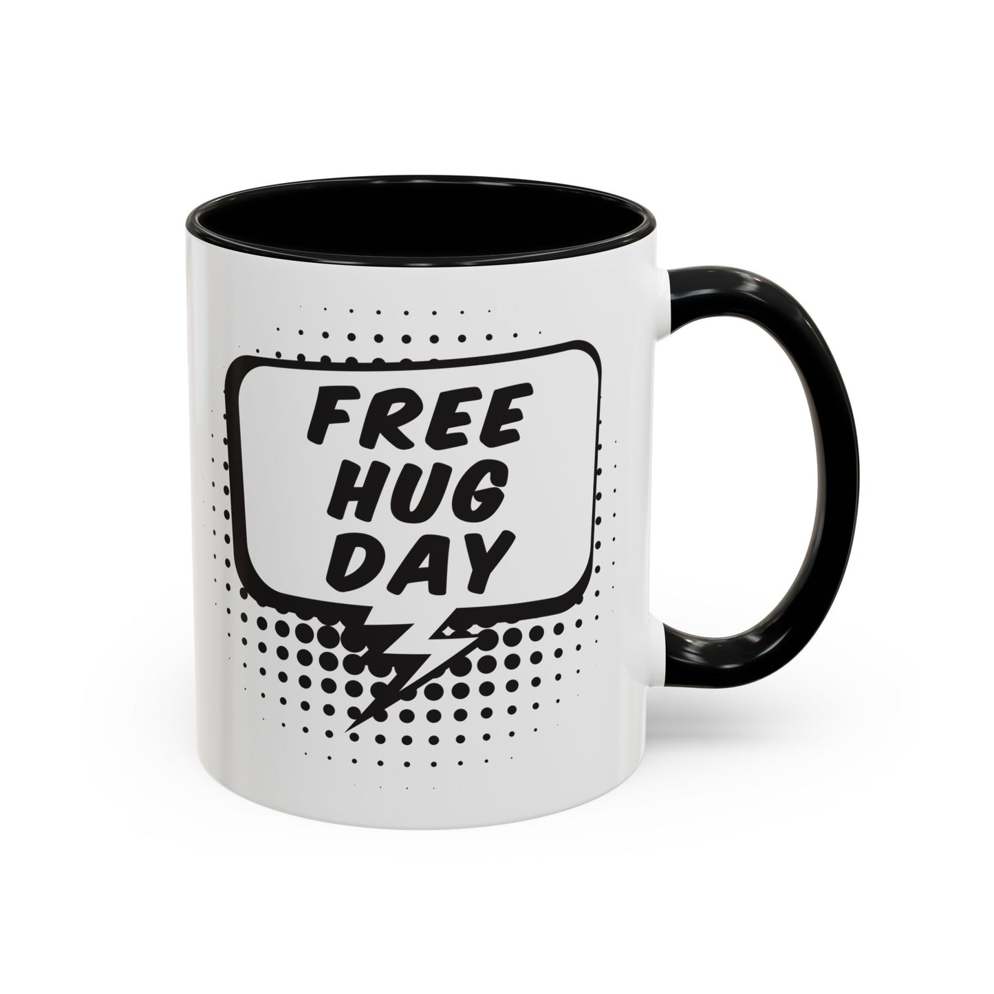 Free Hug Day Accent Coffee Mug – Funny Black & White Comic Speech Bubble Design (11/15 oz)