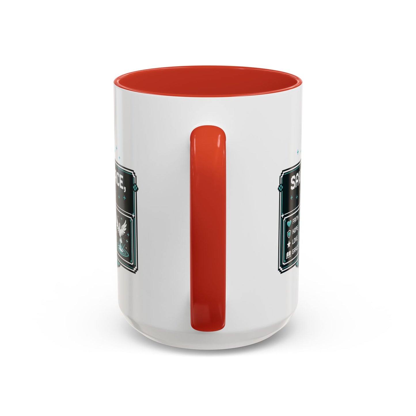 Christian Coffee Mug — "Saved by Grace, Not XP" Gamer Faith Accent Mug