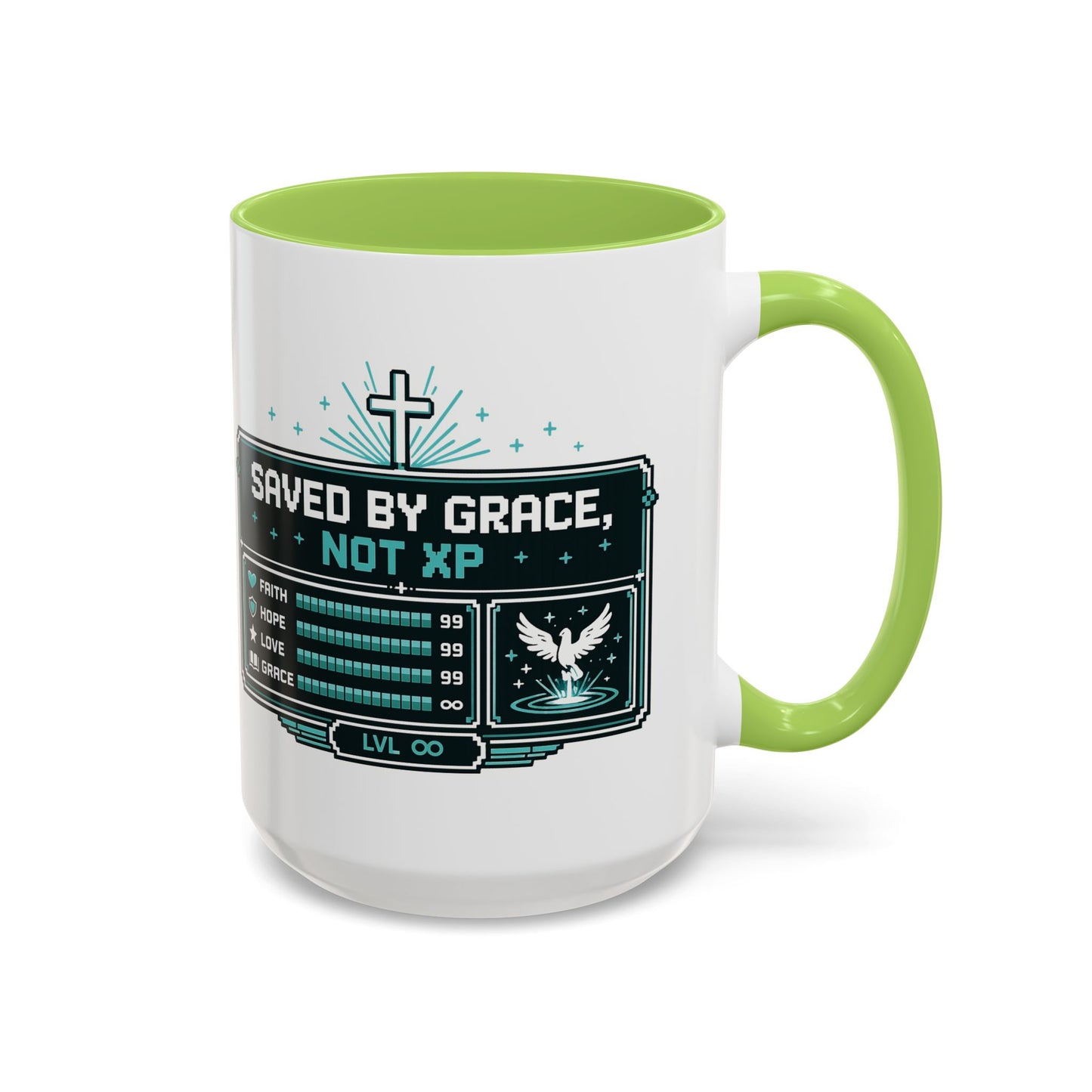 Christian Coffee Mug — "Saved by Grace, Not XP" Gamer Faith Accent Mug