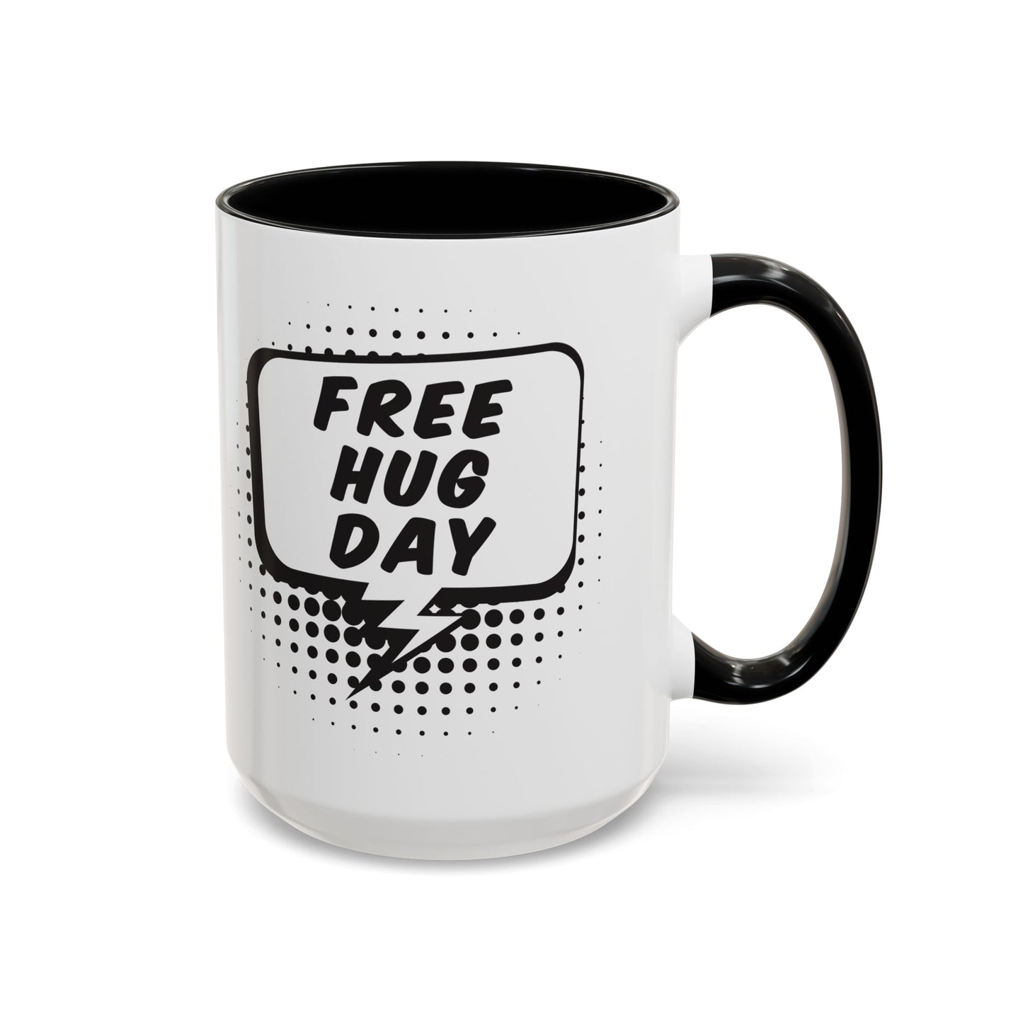 Free Hug Day Accent Coffee Mug – Funny Black & White Comic Speech Bubble Design (11/15 oz)