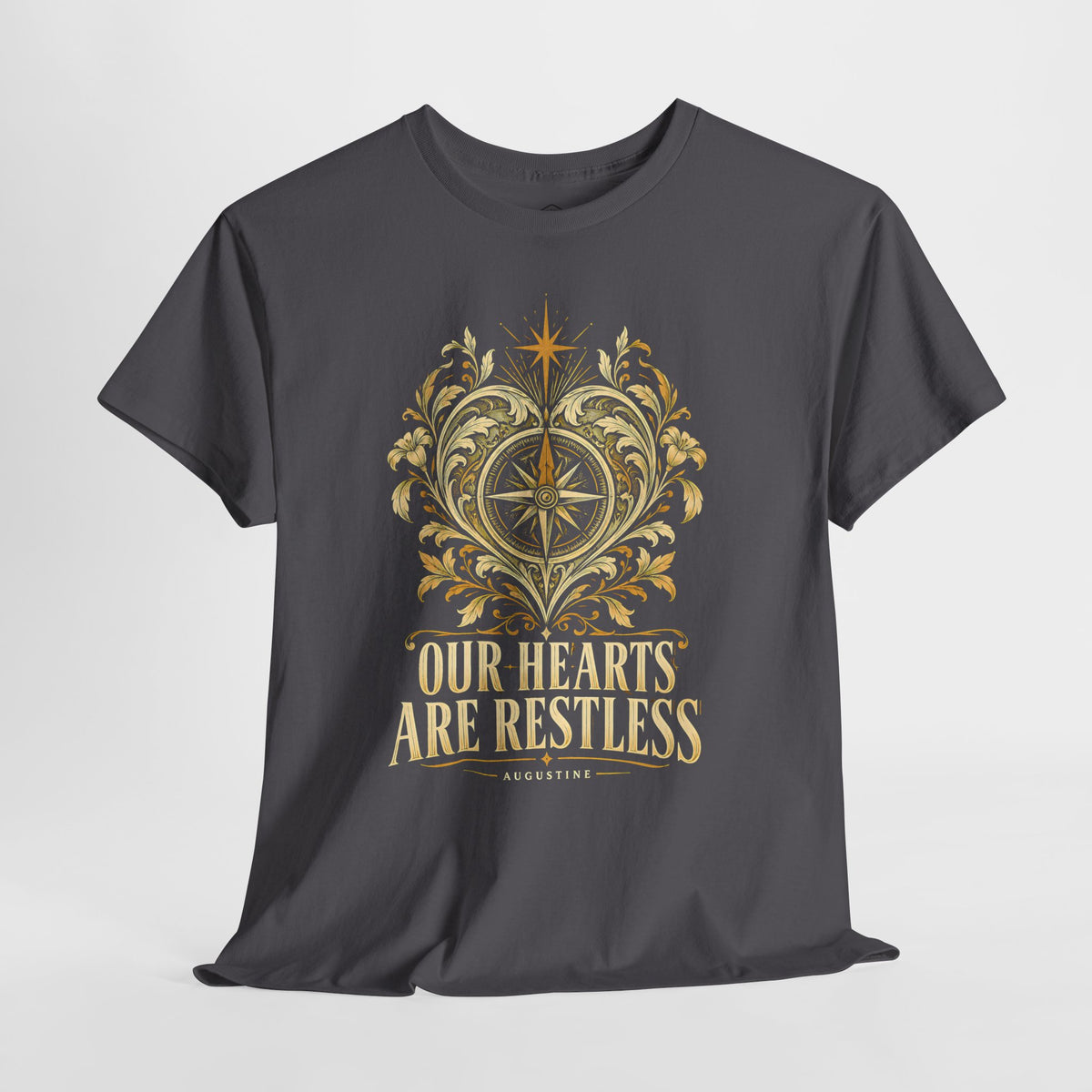 Our Hearts Are Restless Gold Compass Heart T-shirt – Donkey Talk graphic tee