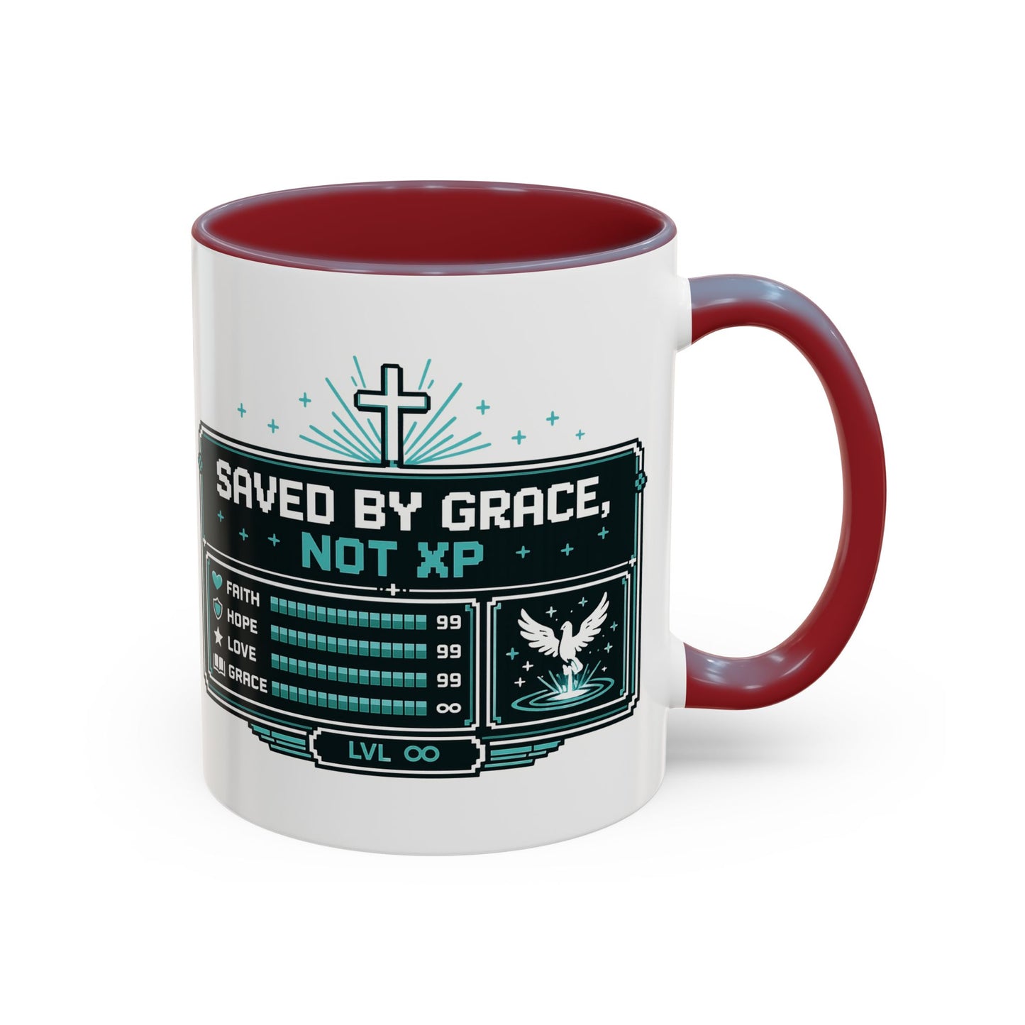 Christian Coffee Mug — "Saved by Grace, Not XP" Gamer Faith Accent Mug