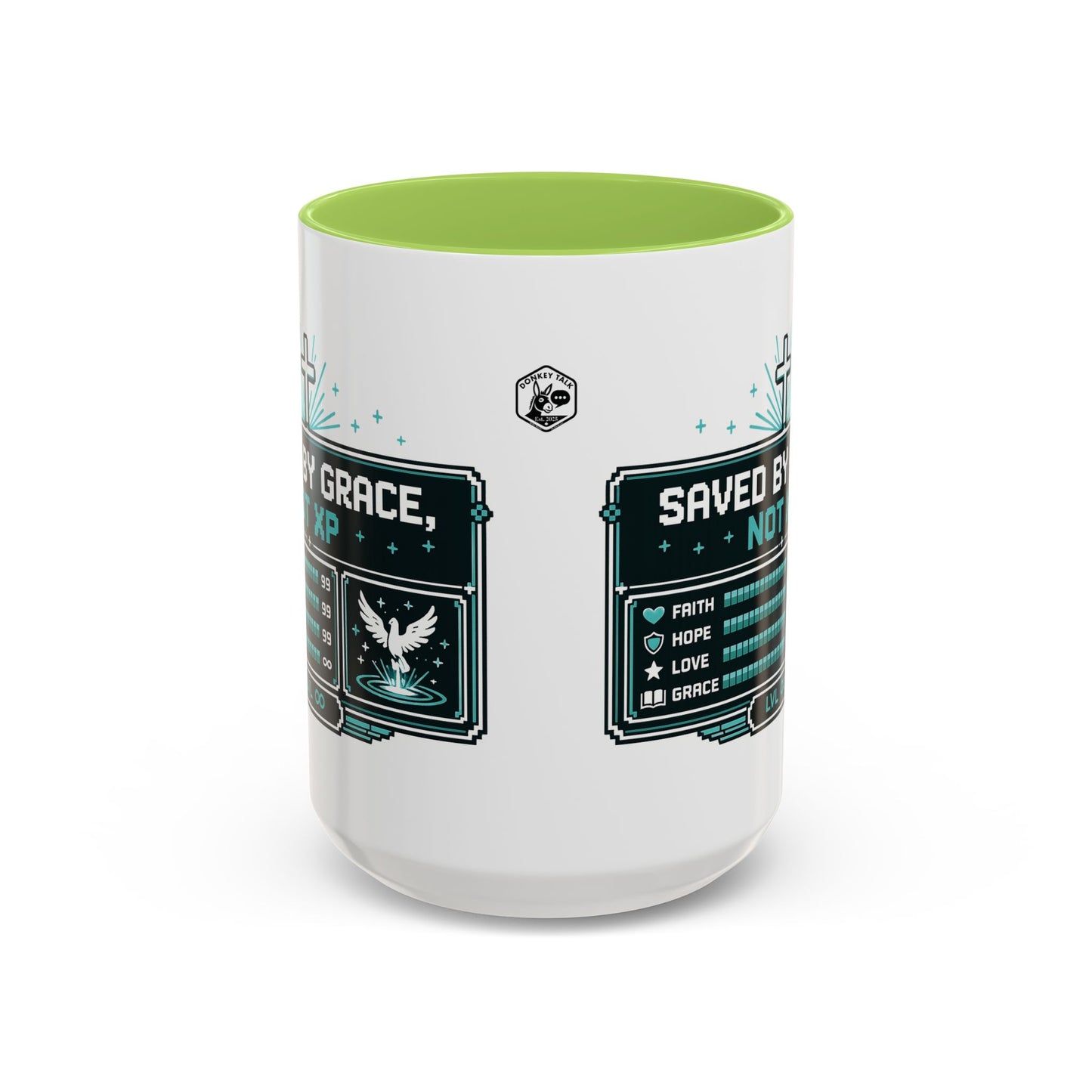 Christian Coffee Mug — "Saved by Grace, Not XP" Gamer Faith Accent Mug