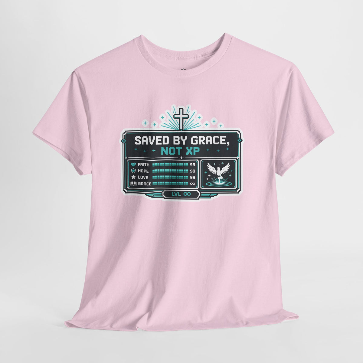 Saved by Grace, Not XP — Christian Gamer T-Shirt for Faith-Filled Gamers