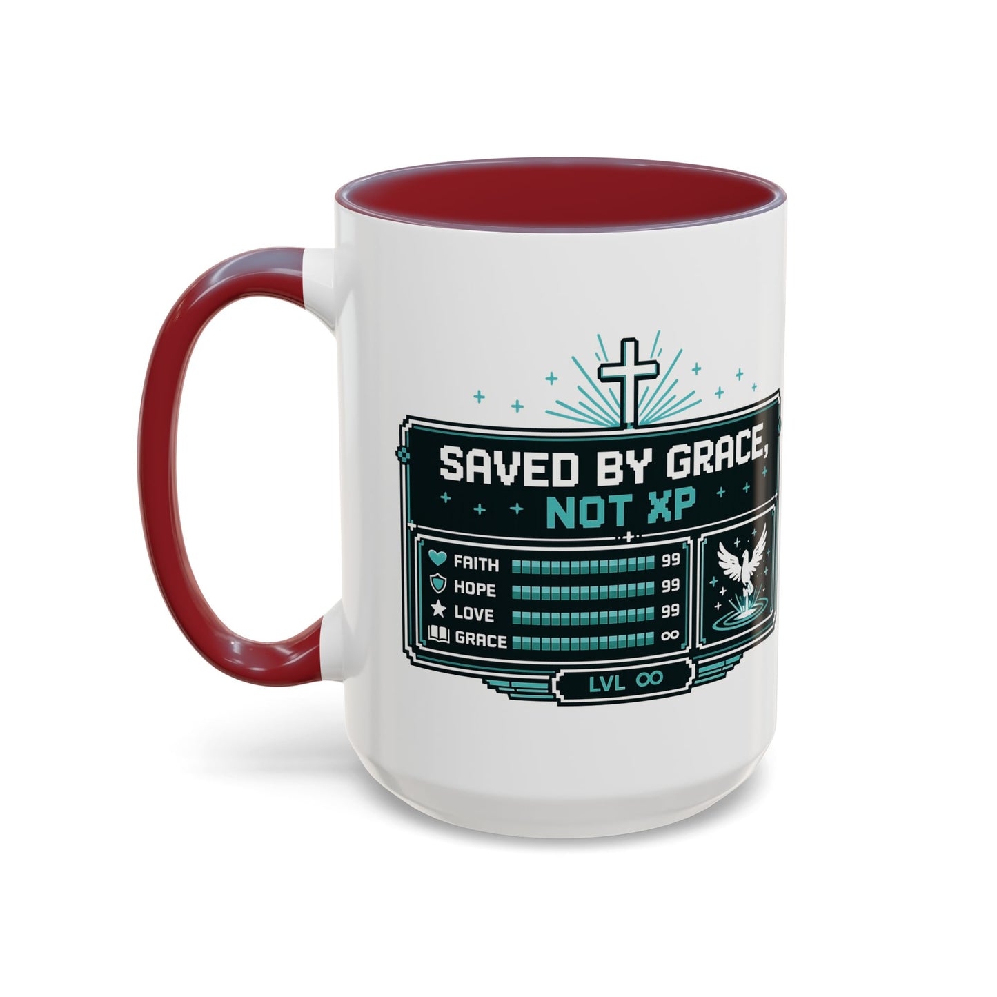 Christian Coffee Mug — "Saved by Grace, Not XP" Gamer Faith Accent Mug