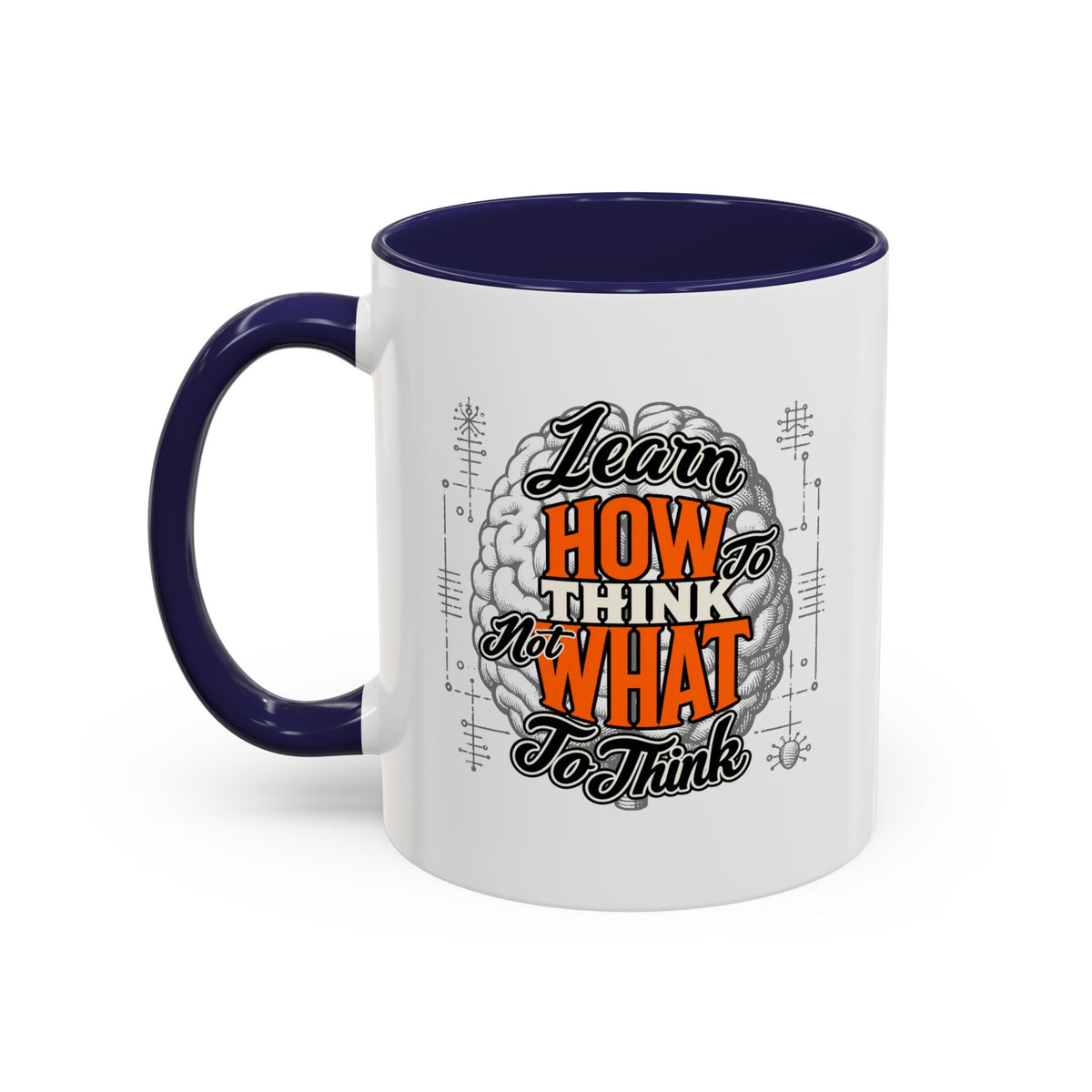 Taza de café con acento: "Aprende a pensar, no qué pensar", taza con frase inspiradora
