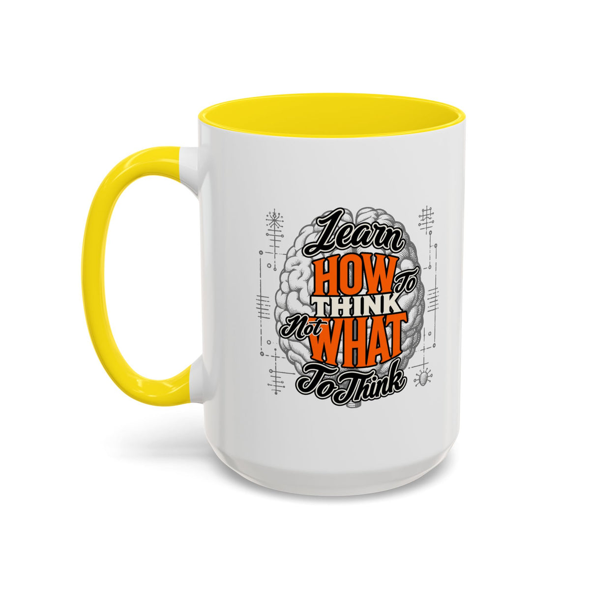 Taza de café con acento: "Aprende a pensar, no qué pensar", taza con frase inspiradora