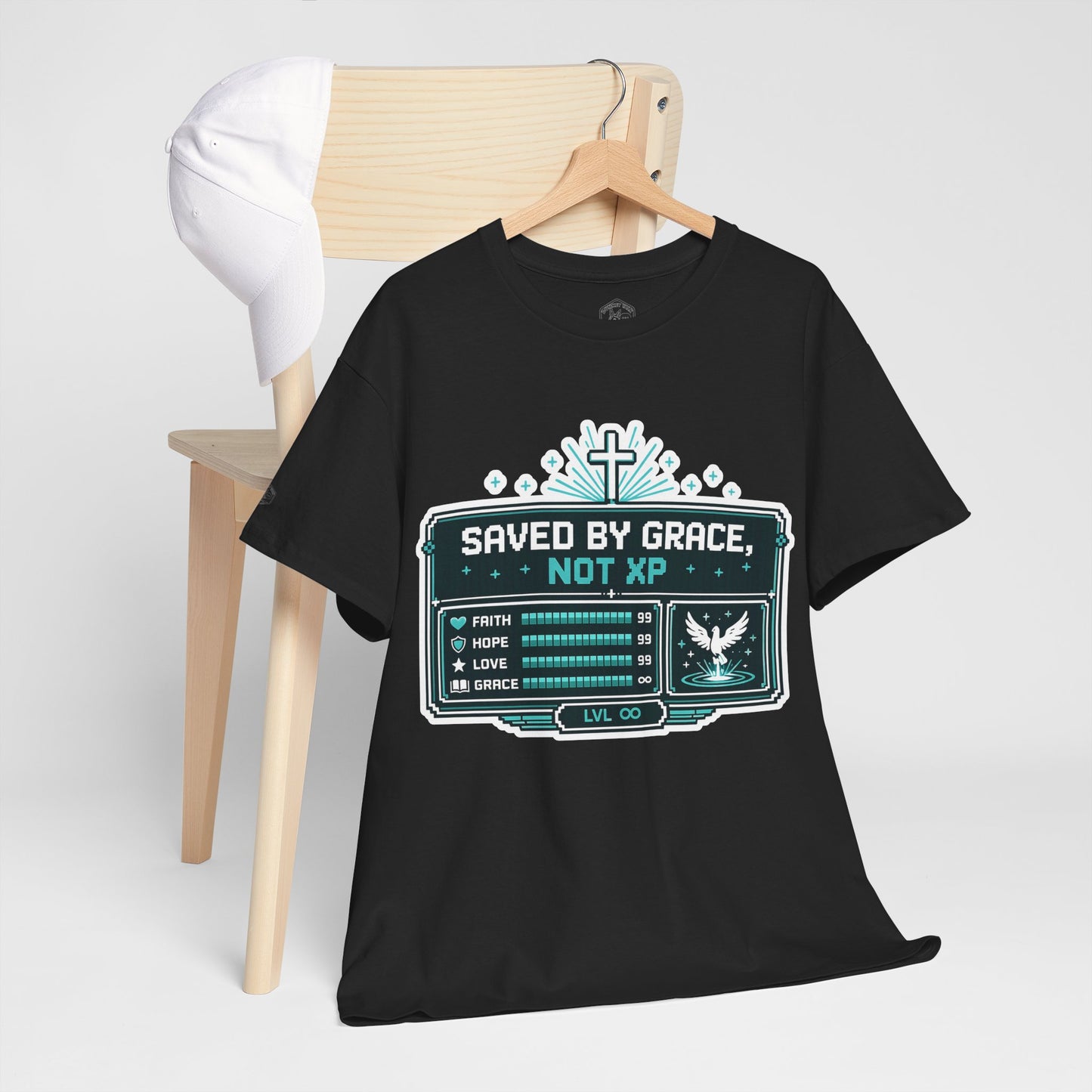 Christian Gamer Tee — "Saved by Grace, Not XP" Graphic T-Shirt