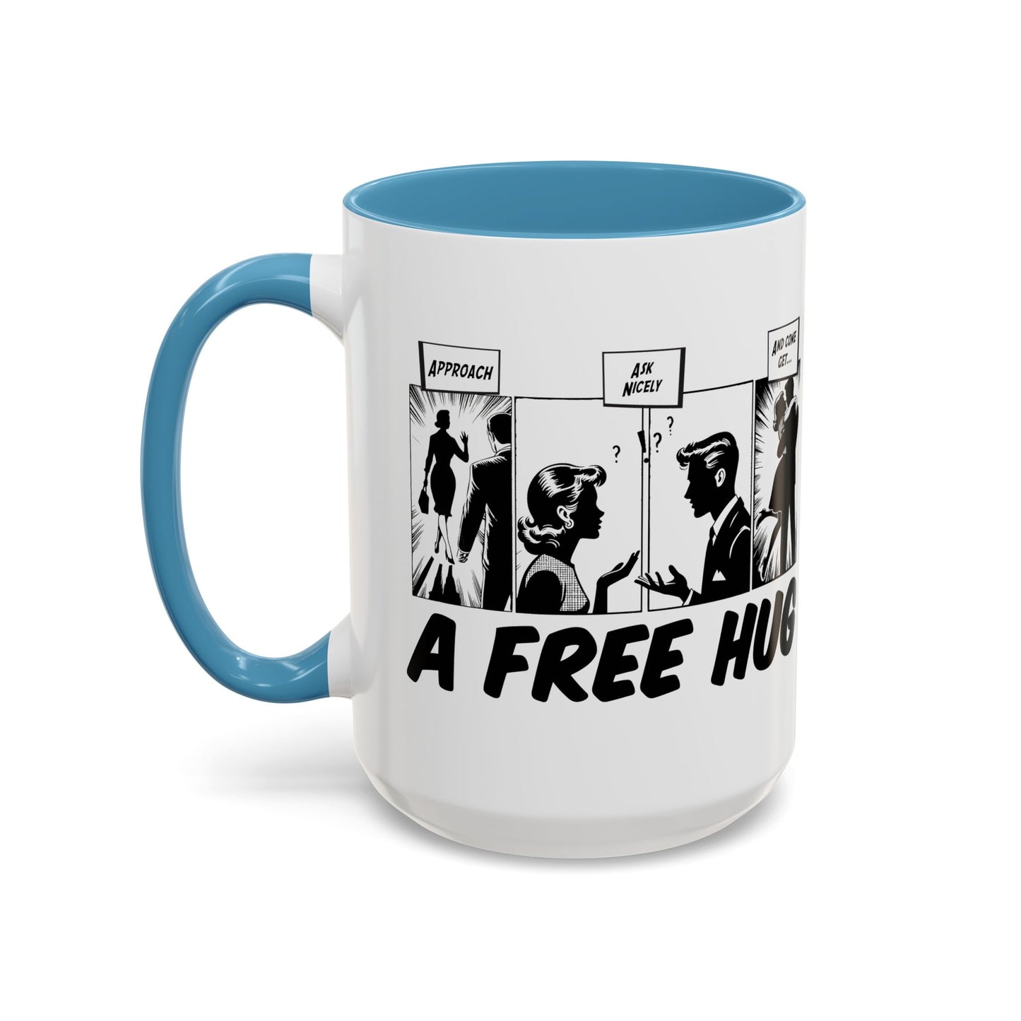 Free Hug Day Accent Coffee Mug – Funny Black & White Comic Speech Bubble Design (11/15 oz)