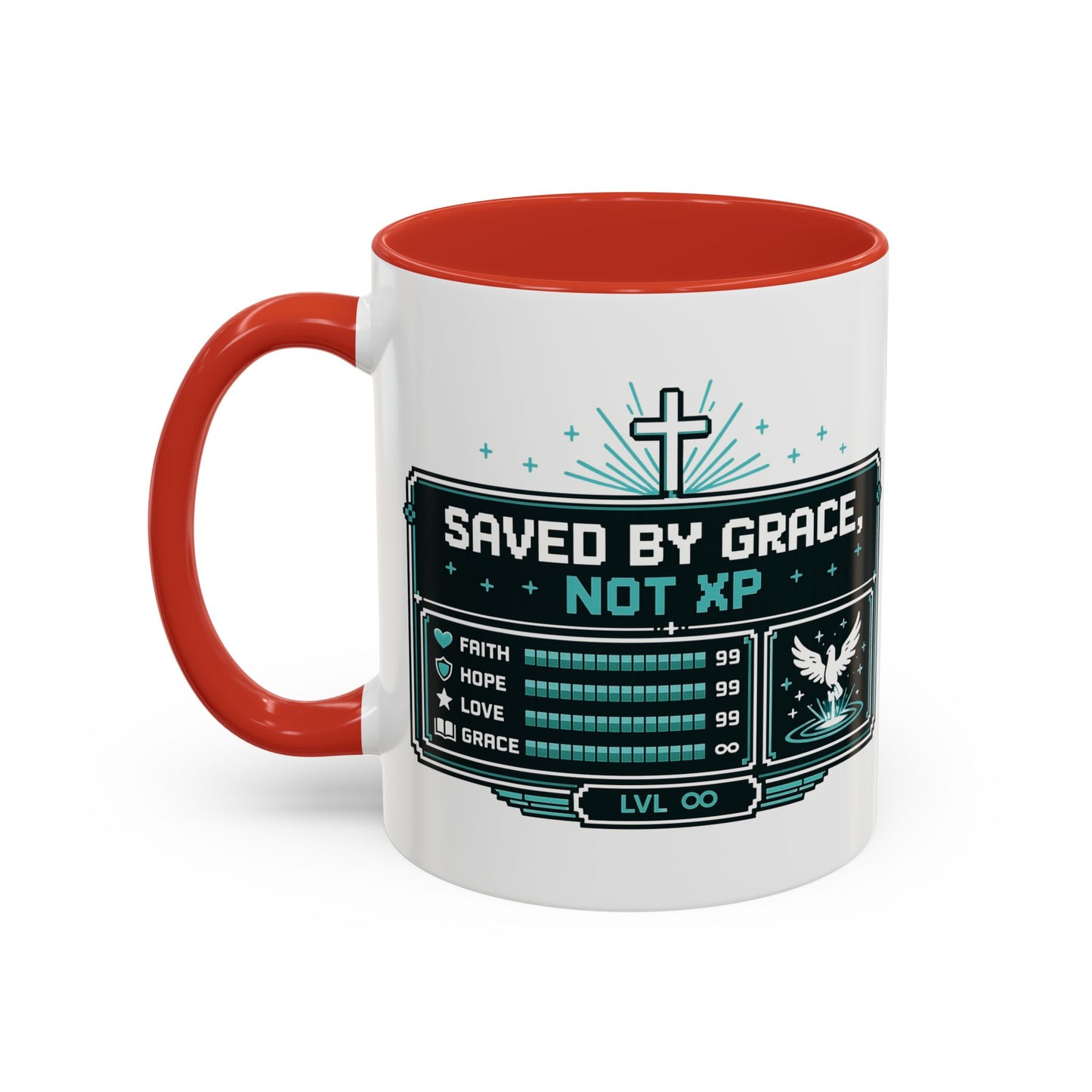 Christian Coffee Mug — "Saved by Grace, Not XP" Gamer Faith Accent Mug