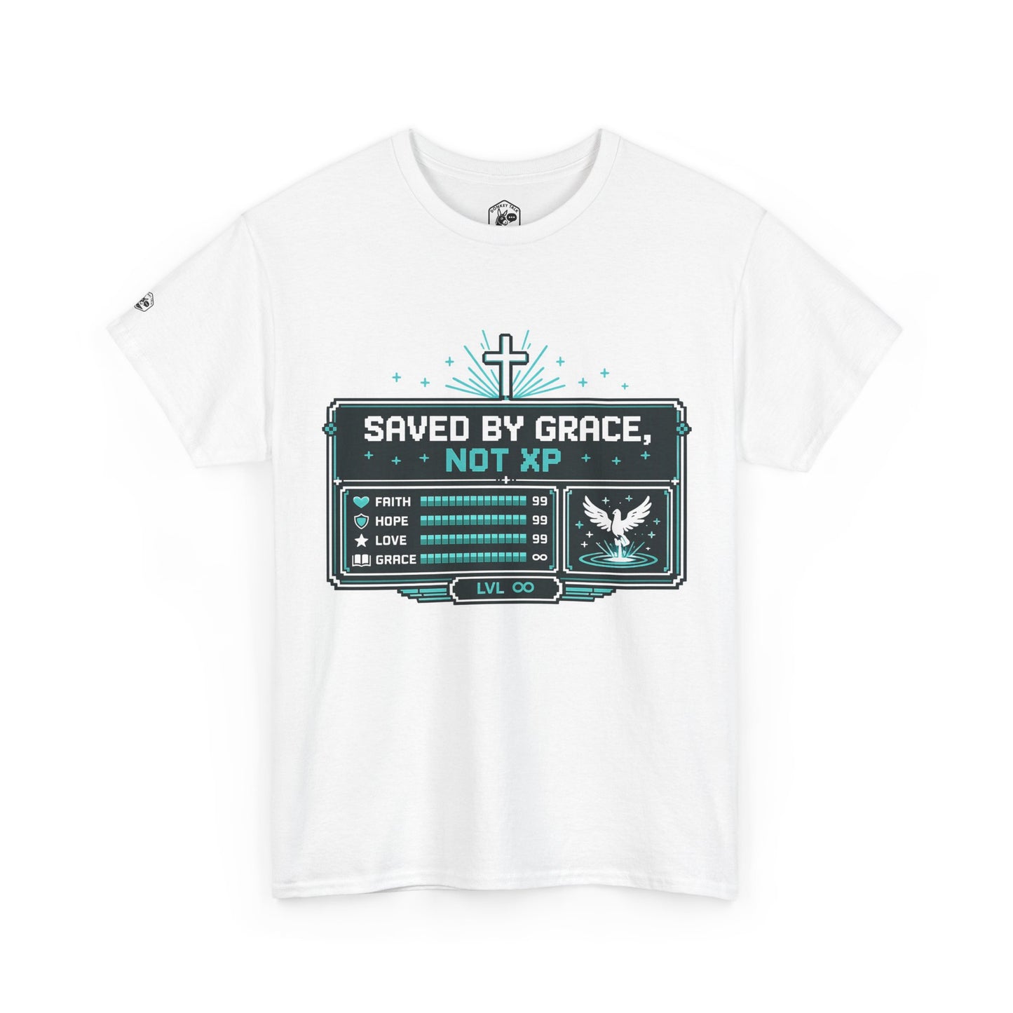 Christian Gamer Tee — "Saved by Grace, Not XP" Graphic T-Shirt