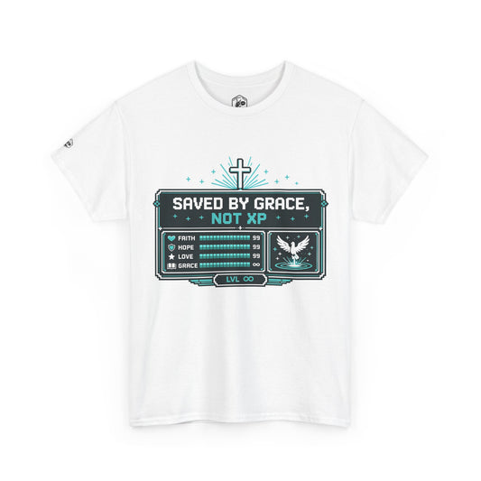 Christian Gamer Tee — "Saved by Grace, Not XP" Graphic T-Shirt