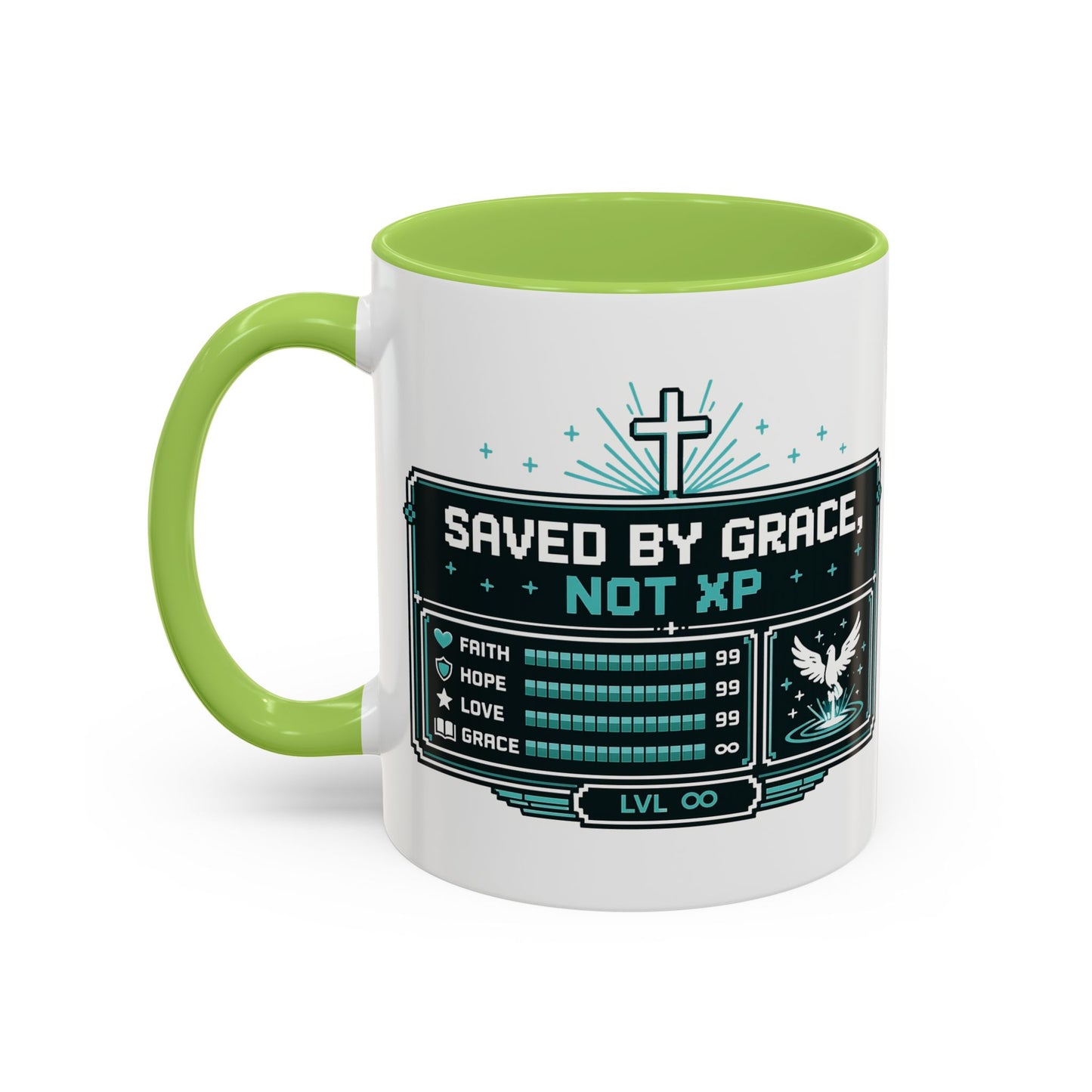 Christian Coffee Mug — "Saved by Grace, Not XP" Gamer Faith Accent Mug