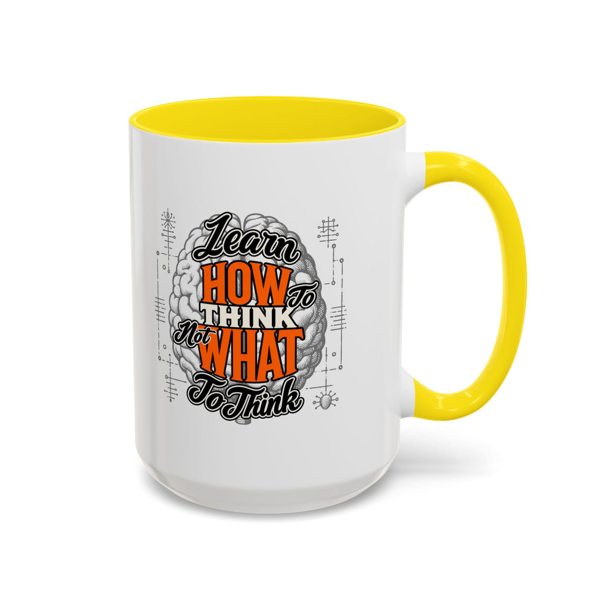 Taza de café con acento: "Aprende a pensar, no qué pensar", taza con frase inspiradora
