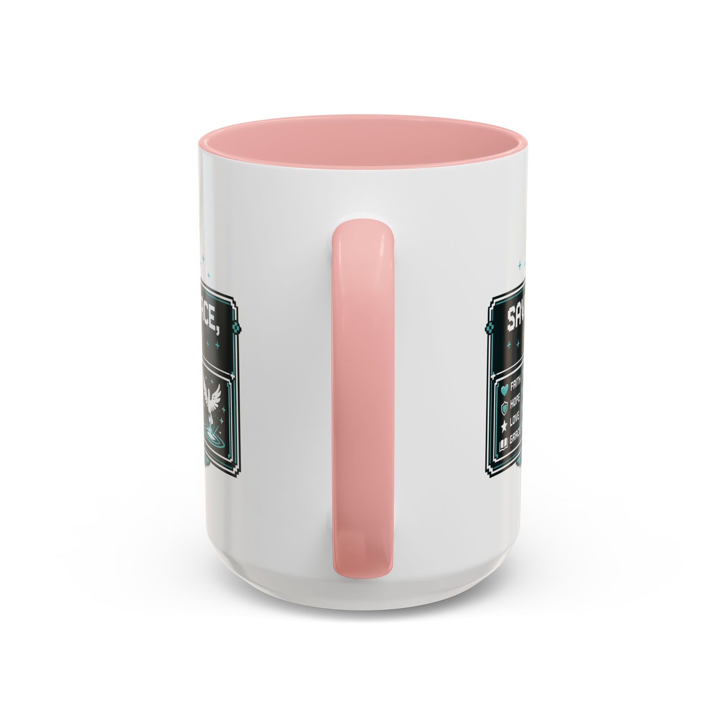 Christian Coffee Mug — "Saved by Grace, Not XP" Gamer Faith Accent Mug