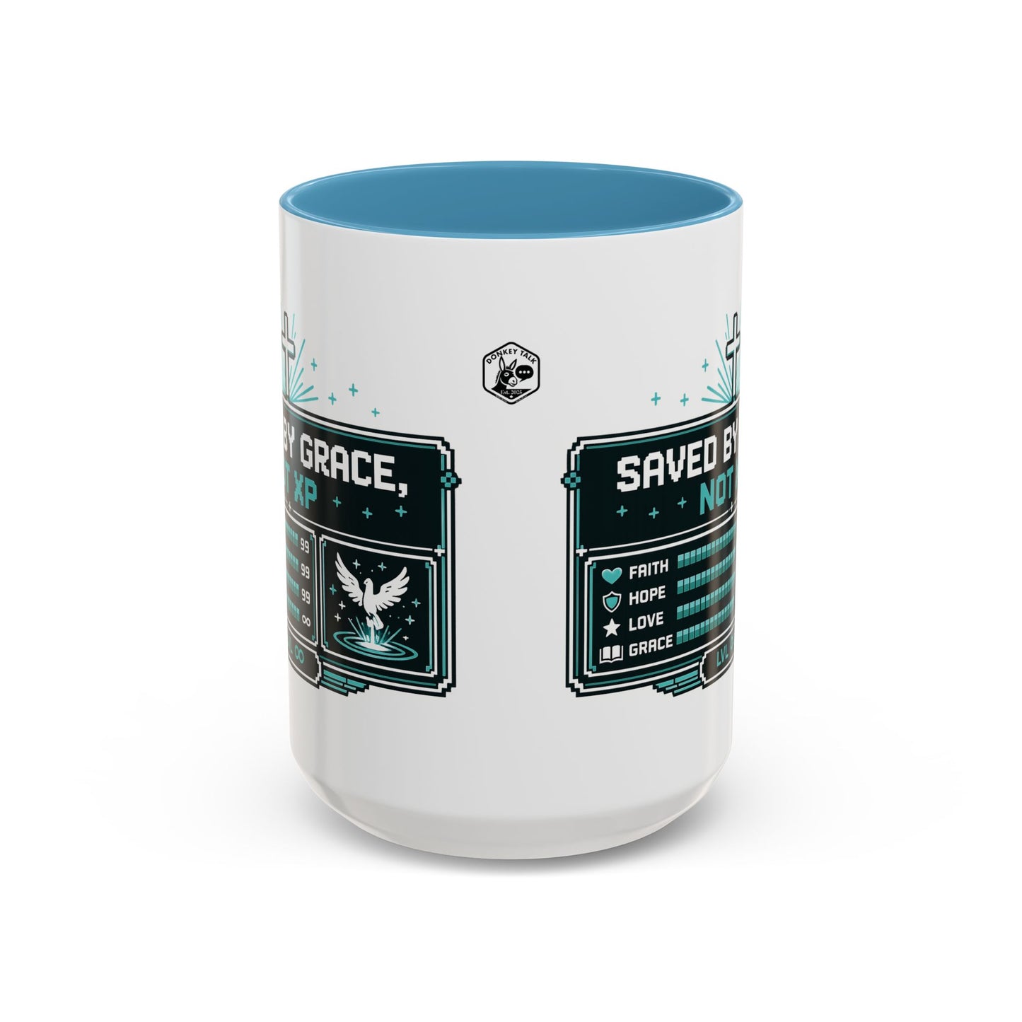 Christian Coffee Mug — "Saved by Grace, Not XP" Gamer Faith Accent Mug