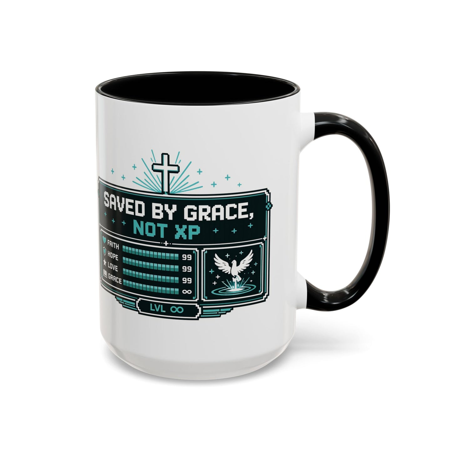 Christian Coffee Mug — "Saved by Grace, Not XP" Gamer Faith Accent Mug